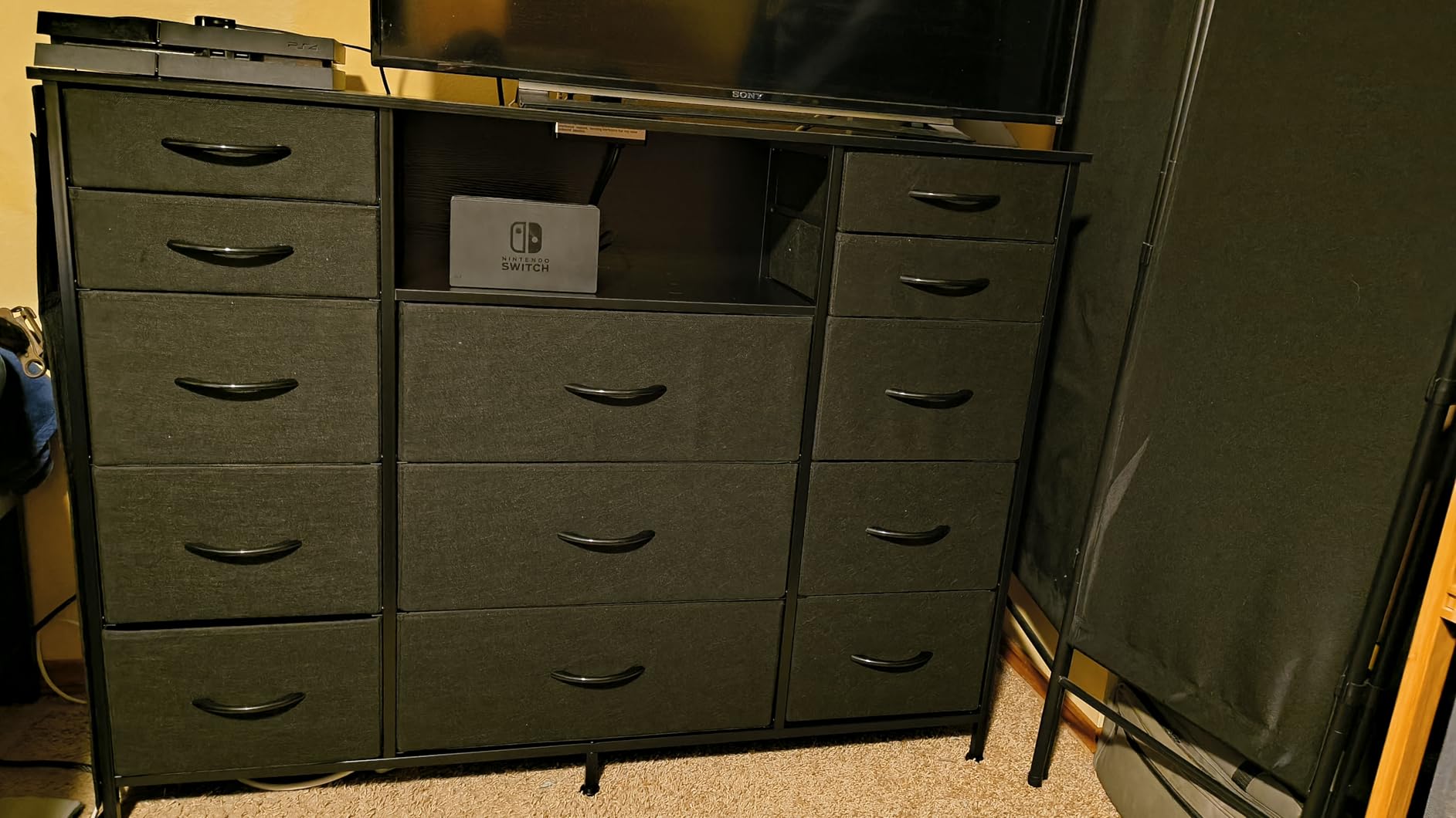 HCHQHS Dresser for Bedroom with 13 Drawers, 47 Inch Fabric Dresser | Outlets & Remote Control, Side Pockets & Hooks, Versatile as Closet Organizer or TV Stand Wood Top (Black) customer photo 2