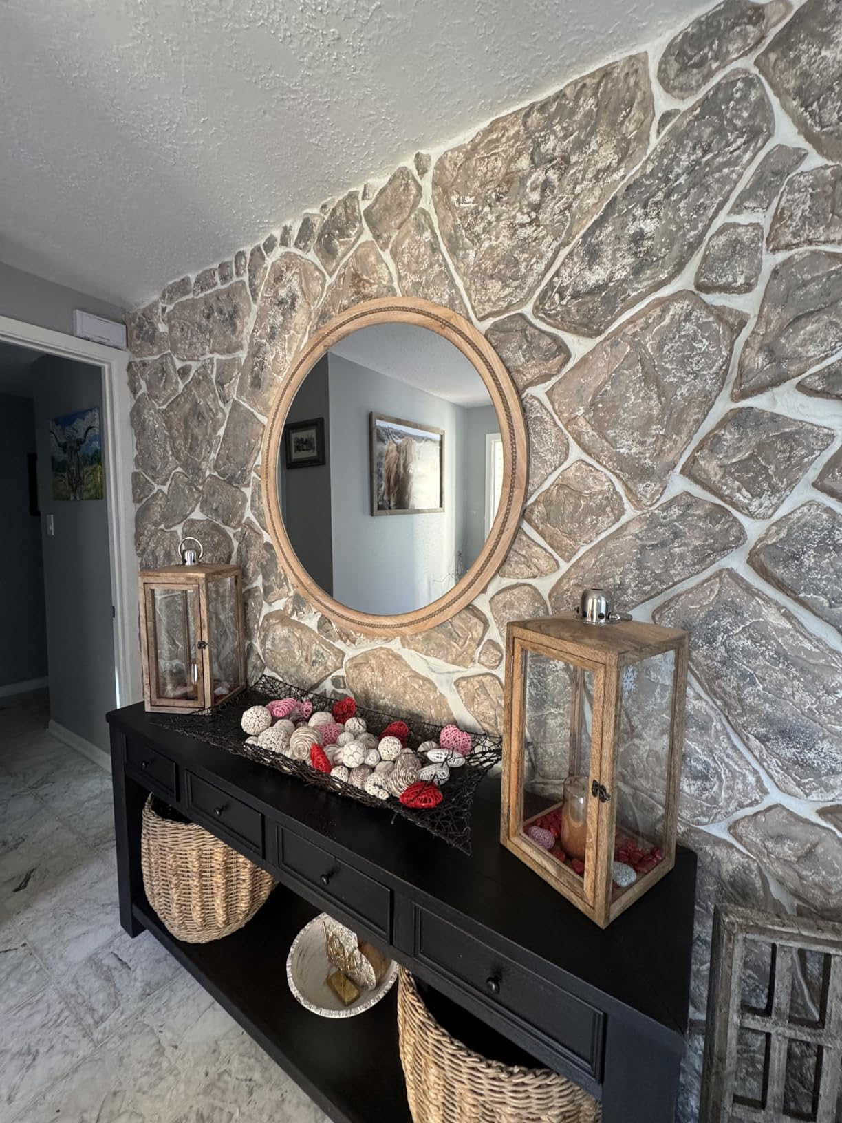 Solid Wood 30 Inch Round Beaded Vanity Wall Mirror, Natural Wood | Washed grain adds rustic farmhouse charm to over-sink areas, powder rooms, entry consoles, bedrooms and living spaces customer photo 1