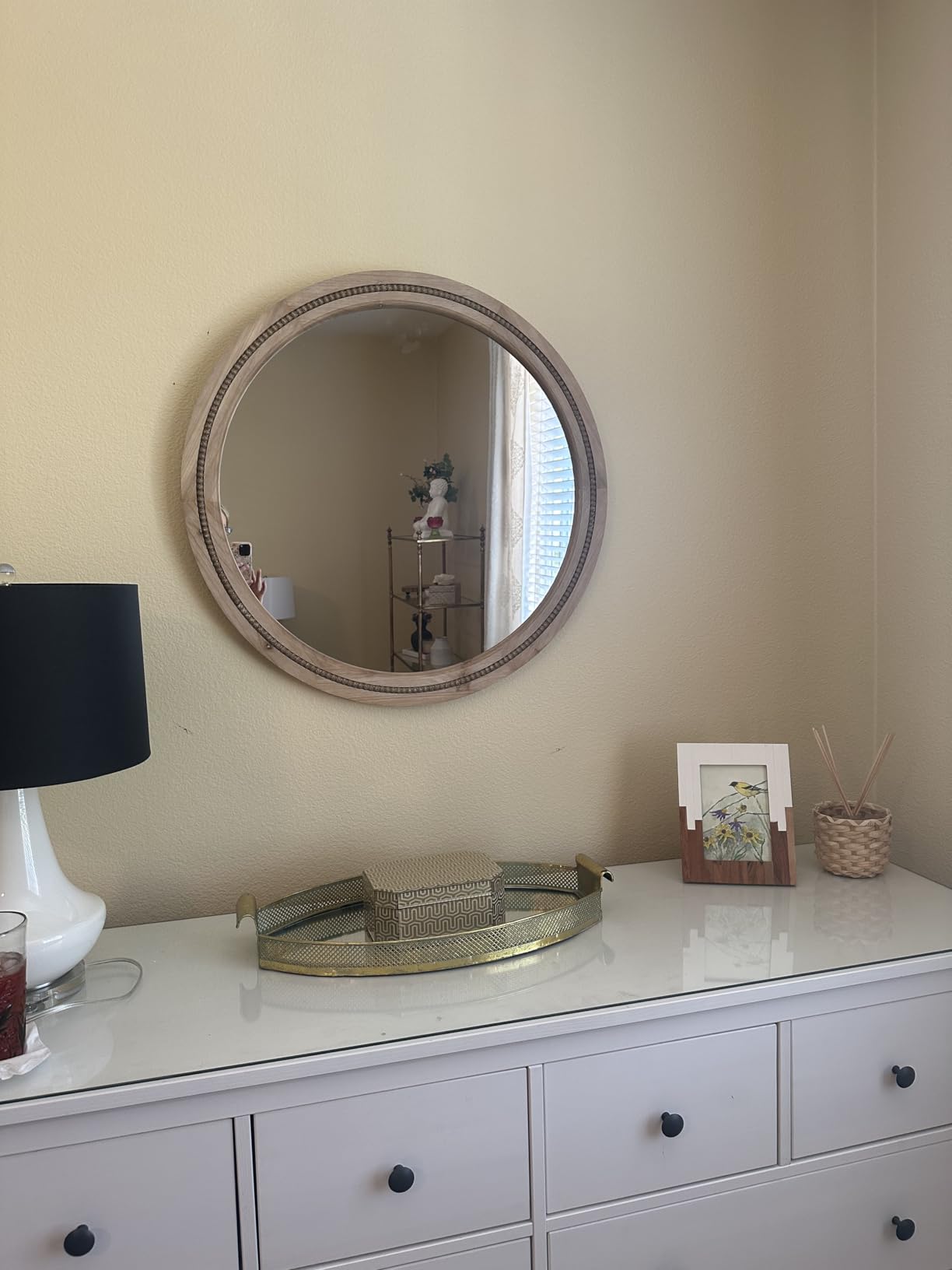 Solid Wood 30 Inch Round Beaded Vanity Wall Mirror, Natural Wood | Washed grain adds rustic farmhouse charm to over-sink areas, powder rooms, entry consoles, bedrooms and living spaces customer photo 2