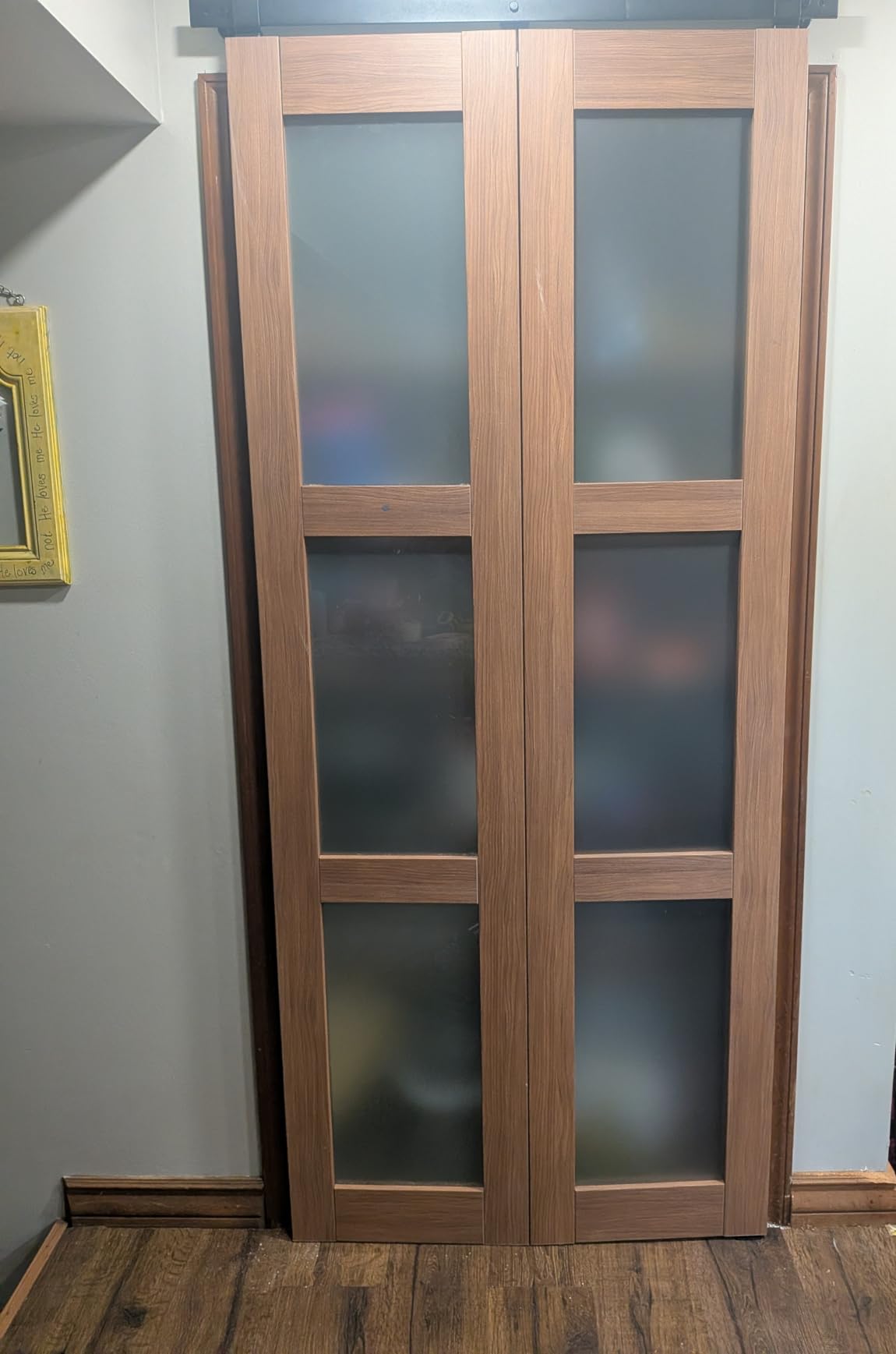 30X84(Double 15x84) Bifold Frosted Glass Barn Door Brown Sliding Closet Doors with Hardware Kit Included, Water-Proof PVC Surface for Bedroom, Bathroom, Assembly Required customer photo 1