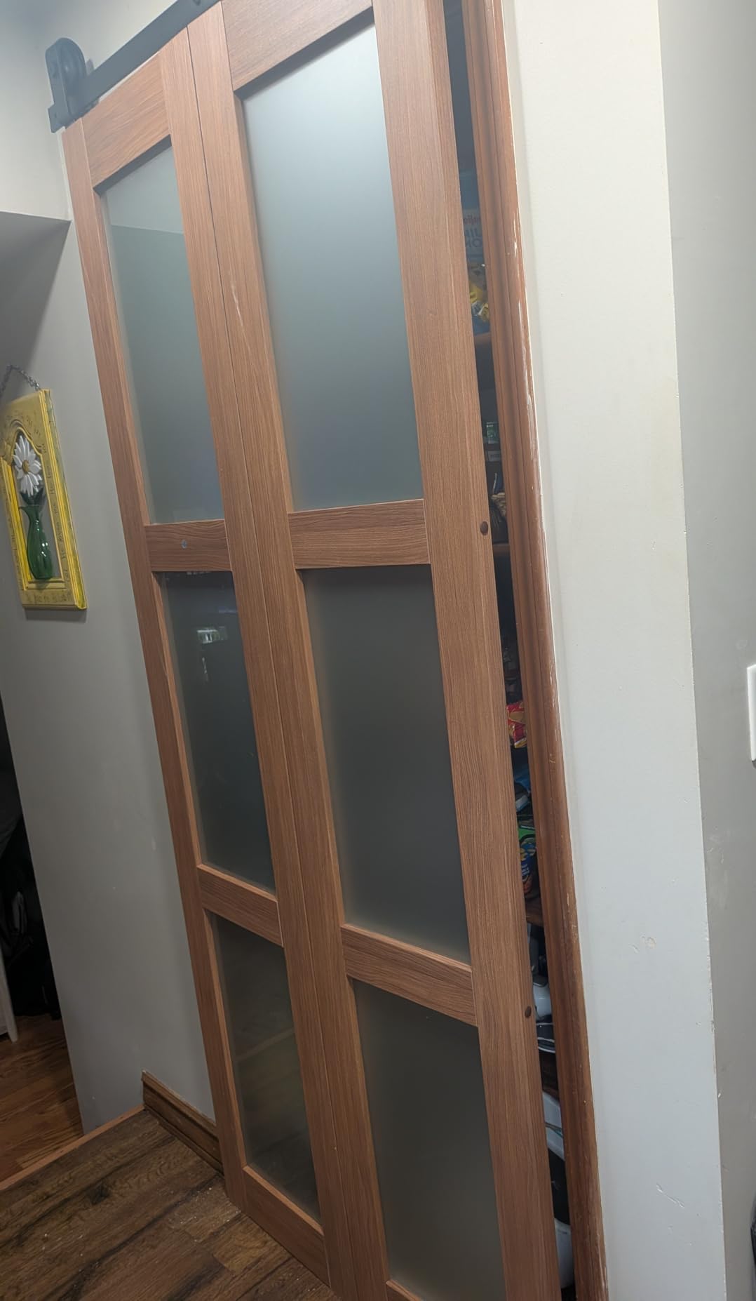 30X84(Double 15x84) Bifold Frosted Glass Barn Door Brown Sliding Closet Doors with Hardware Kit Included, Water-Proof PVC Surface for Bedroom, Bathroom, Assembly Required customer photo 2