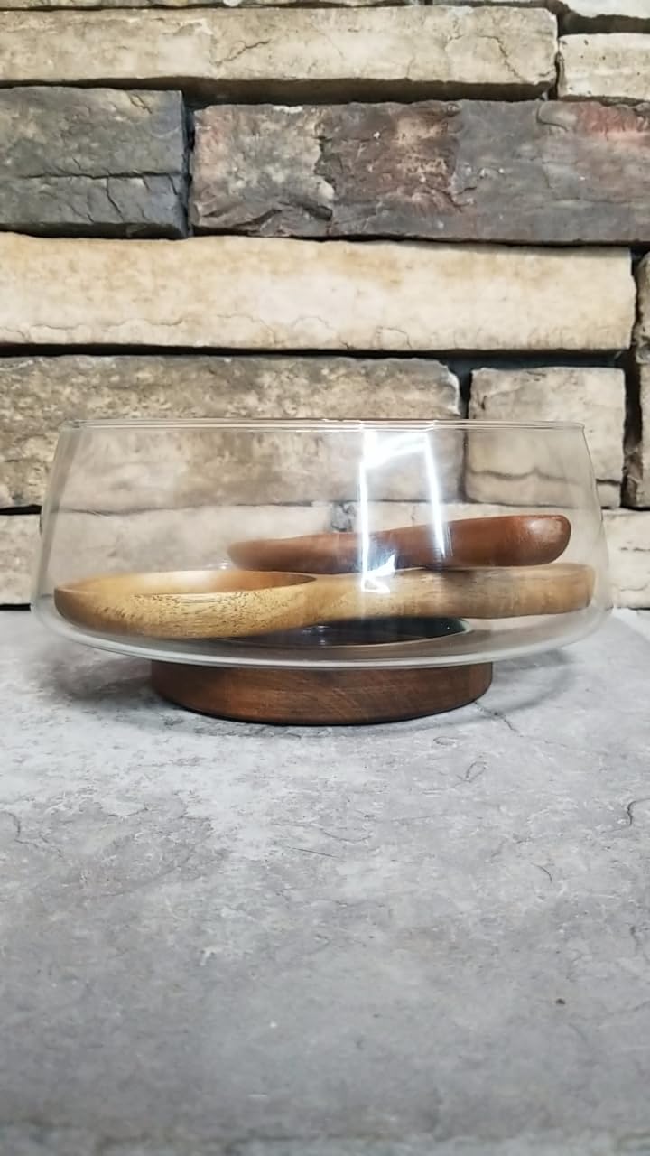 Large Glass Salad Bowl Set with Acacia Wood Base & Salad Servers - Elegant Serving Bowl for Salads, Pasta, Fruit & Snacks - Easy-Clean Modern Serveware, Perfect for Hosting & Housewarming Gifts customer photo 1