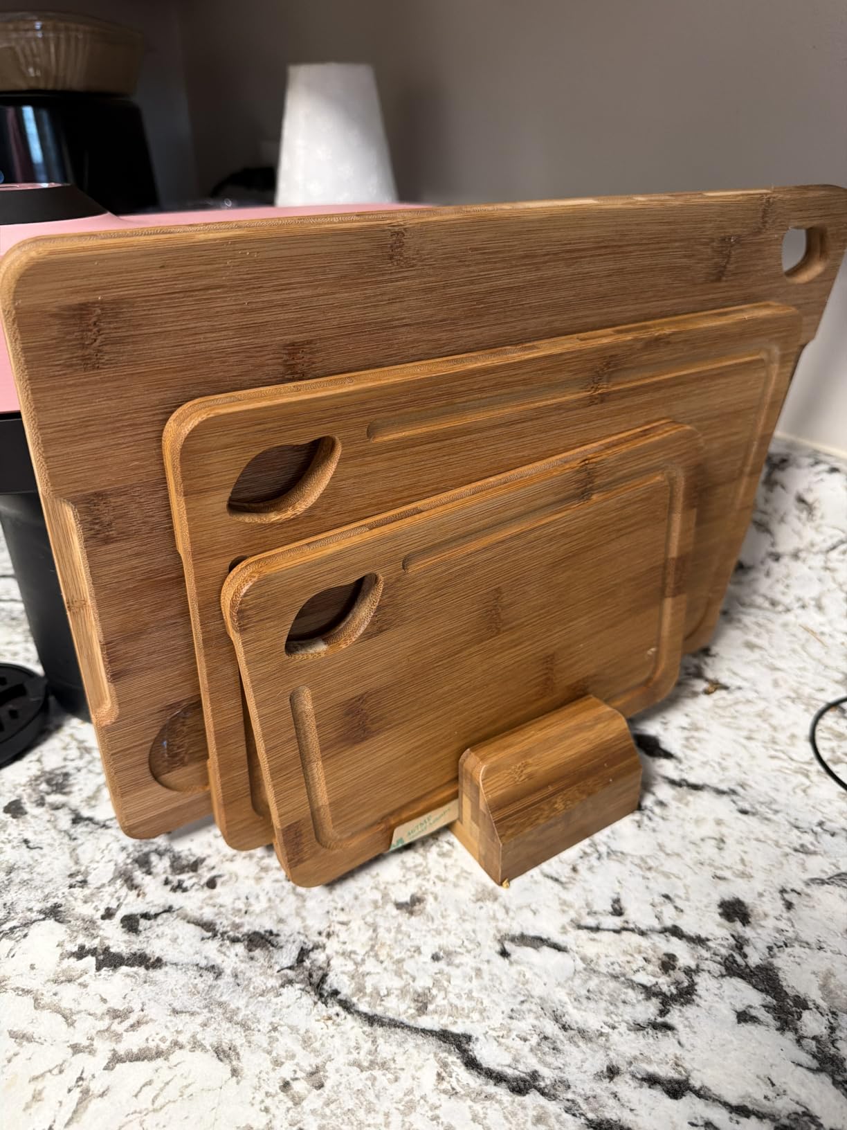 Astercook Deep-Carbonized Bamboo Cutting Boards for Kitchen with Wood Storage Stand, Reversible Charcuterie & Chopping Boards with Juice Grooves and Easy-Grip Handles, Fathers Day Gift for Men customer photo 2