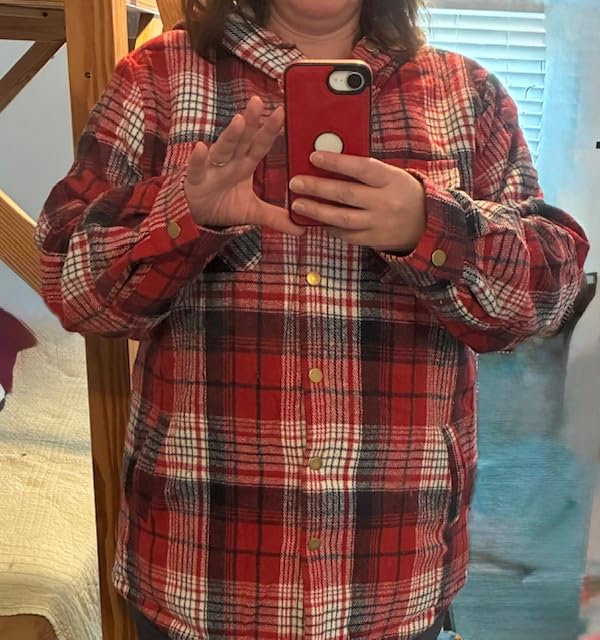 Elesuit Women Fleece Flannel Jacket Plaid Sherpa Button Down Hooded Jacket customer photo 2