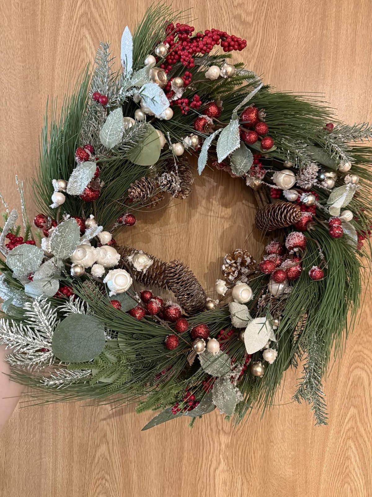 24 Inch Luxury Christmas Wreath, Full Artificial Wreath with Eucalyptus, Red & Gold Berries, Pomegranates, and Mixed Pinecones for Elegant Front Door, Porch, or Wall Holiday Decor customer photo 1