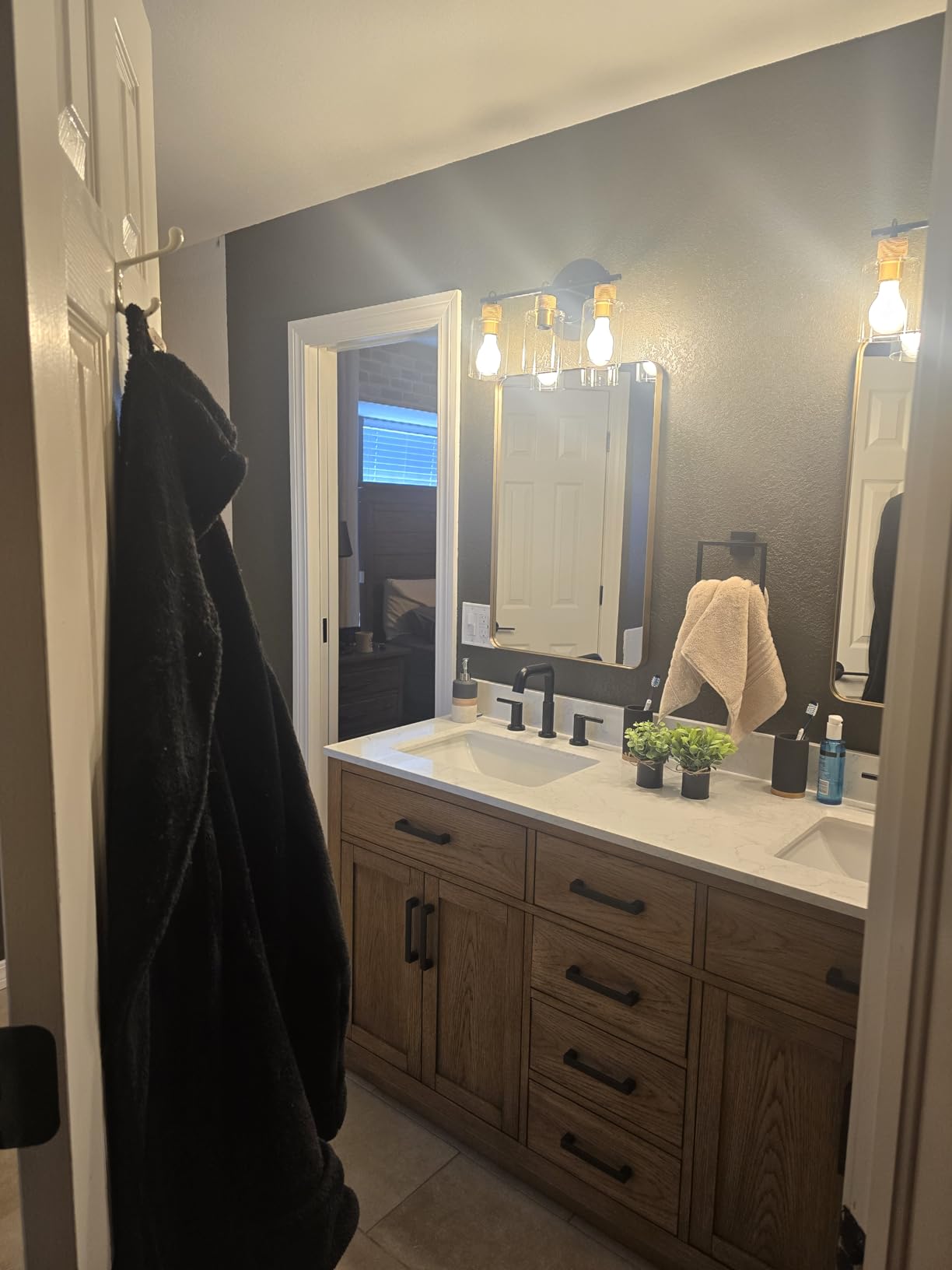 48-inch Dark Walnut Bathroom Vanity with Sink, Solid Wood, 0.79-inch Stone Countertop and Backsplash, 9 Drawers, 2 Soft Closing Doors customer photo 1