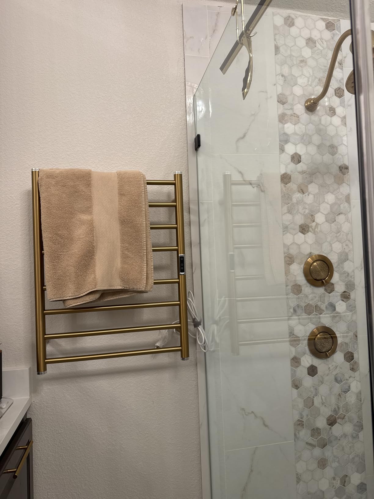 Electric Towel Warmer Rack, Heating Towel Warmer, Timer & Temperature Control, Wall-Mounted Plug-in for Bathroom, Gold, Stainless Steel, 4-Bar (16.54x23.62x5.51in) customer photo 1