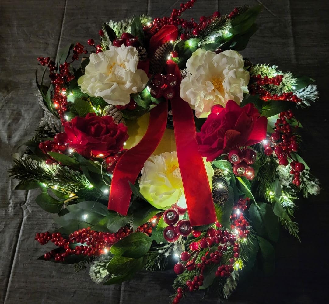 Christmas Wreaths for Front Door 24 Inch Prelit Holiday Wreath with Red Roses, White Peonies, Red Berries, Greenery & Velvet Bow Christmas Door Wreath Indoor Outdoor customer photo 1