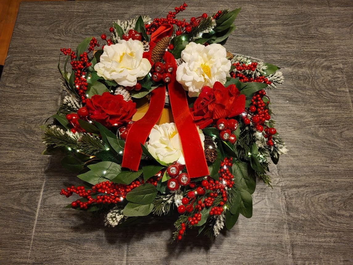 Christmas Wreaths for Front Door 24 Inch Prelit Holiday Wreath with Red Roses, White Peonies, Red Berries, Greenery & Velvet Bow Christmas Door Wreath Indoor Outdoor customer photo 2