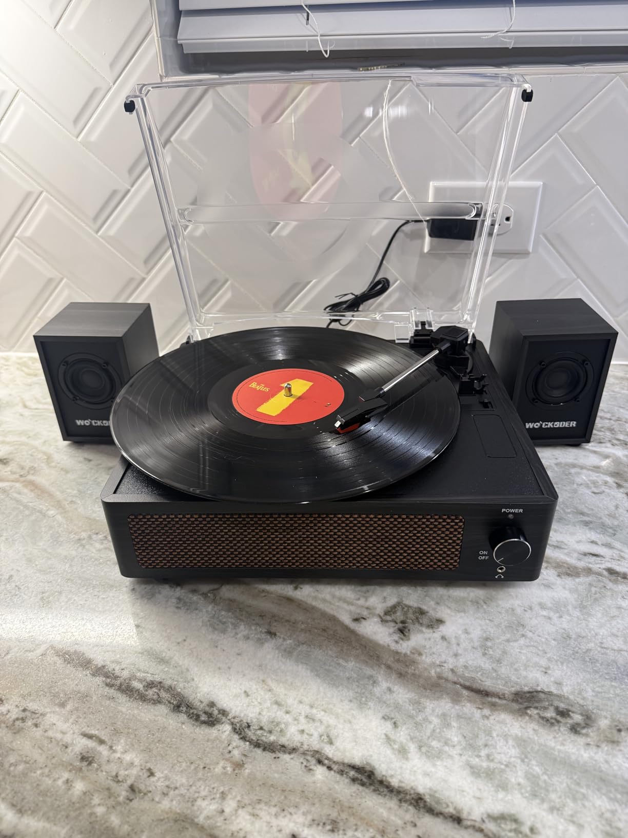 WOCKODER Vinyl Record Player with 2 External Passive Speakers, Brown Wooden | Patented Design, Belt-Drive Vintage Turntable, Bookshelf Speakers, 3 Speed, BT Wireless Input, AUX Headphone, Auto Stop, Retro Style customer photo 2