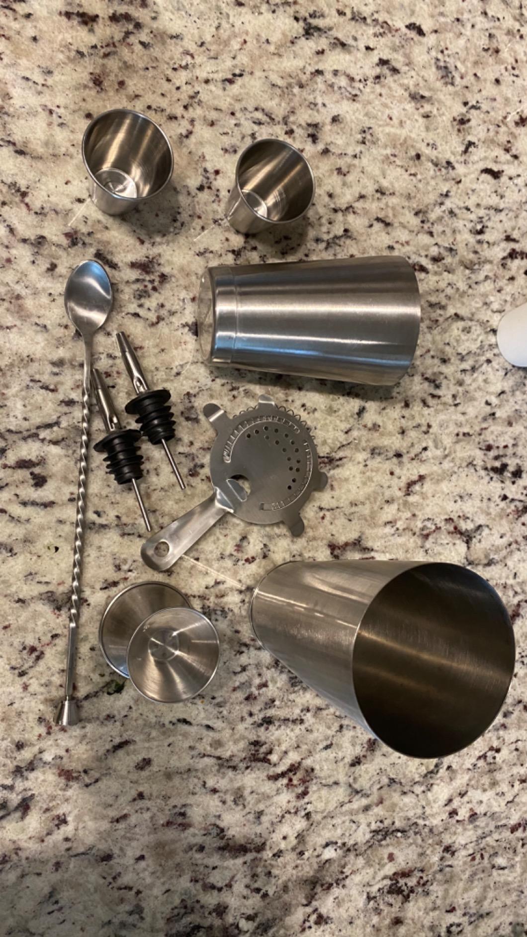 FineDine Stainless Steel Bar Set Cocktail Shaker Set Bartender Kit | Mixology kit, stainless steel bar tools, shaker tins, jigger, strainer, muddler, spoon, pourers, stand, home bartending customer photo 1