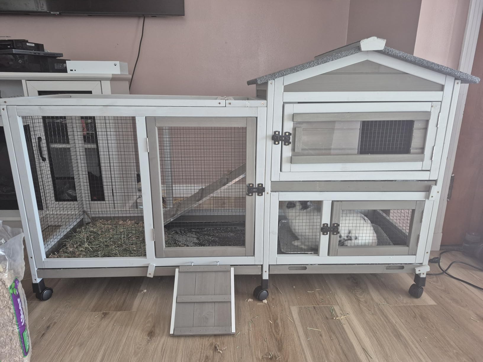 2 Story Rabbit Hutch Outdoor Indoor, Wooden Bunny Cage with 6 Lockable Wheels, 3 Removable No Leakage Pull Out Trays, Chew-Proof Ramp & Waterproof Roof, Ideal for Rabbit & Guinea Pig customer photo 1