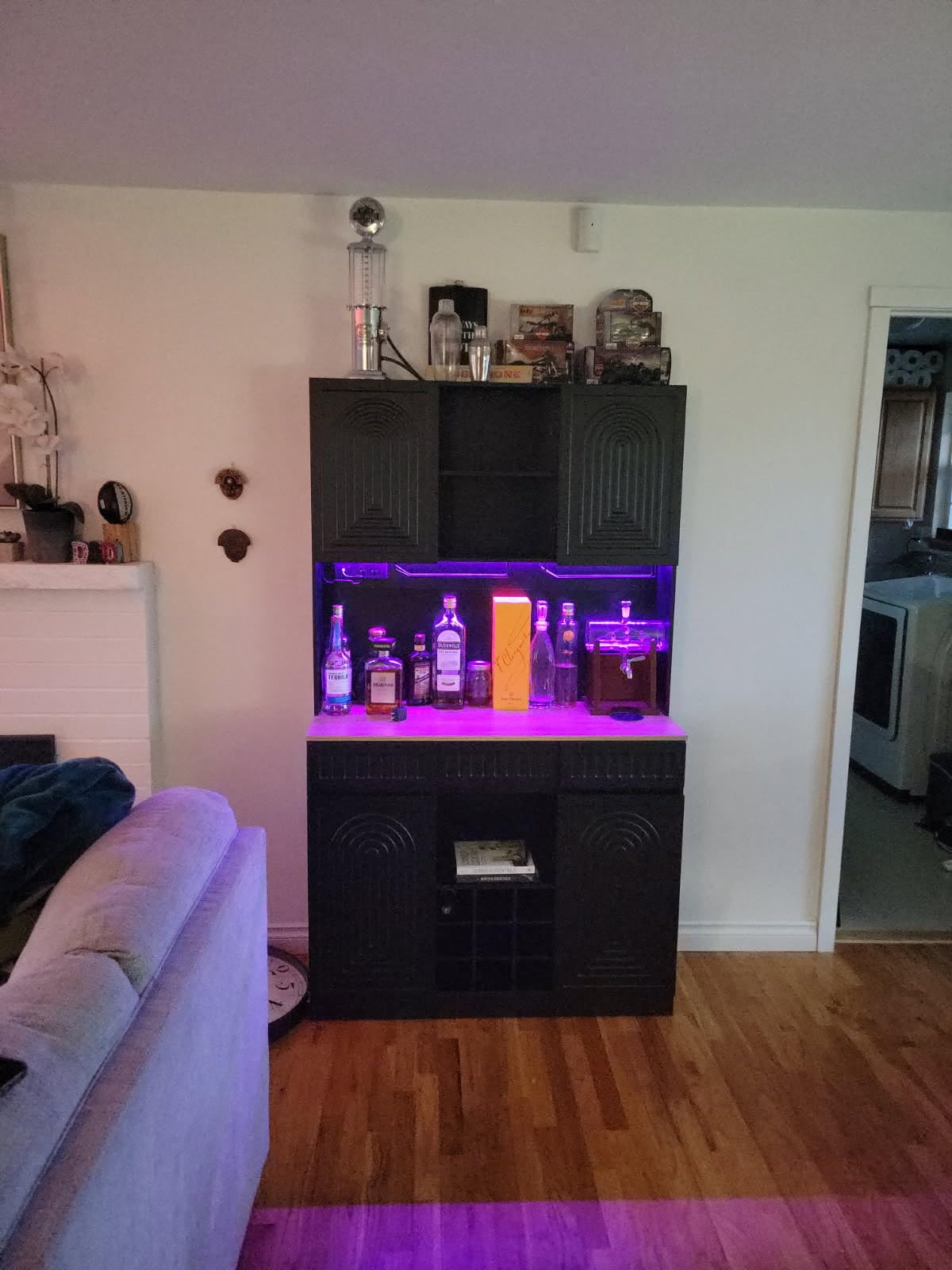 Gyfimoie 71-Inch Tall Wine Bar Cabinet with LED Lights, Modern Fluted Coffee Bar Cabinet with Charging Station & 9-Cube Wine Glass Rack, Pantry Hutch for Dining Room and Kitchen (Black) customer photo 2