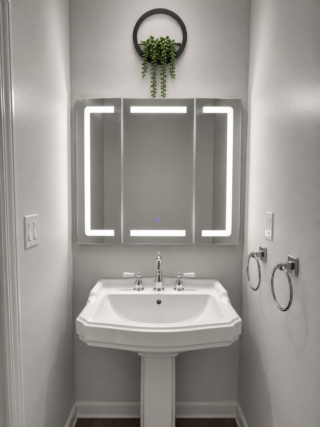 Hasuit Medicine Cabinet Organizer with Mirror, Lighted Bathroom Medicine Cabinet with Storage, 3 Doors Bathroom Wall Cabinet with LED Lights, Adjustable Shelves & Outlets, 31.5'' x 23.6'', White customer photo 1