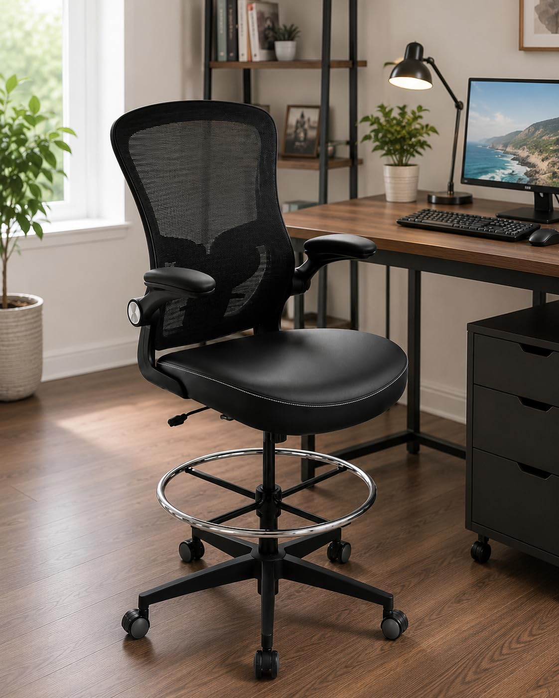 Drafting Chair 400lbs Heavy Duty Tall Office Chair Big and Tall Ergonomic Standing Desk Chair with Lumbar Support and Adjustable Footrest Ring, Comfy Mesh Wide Chair with Flip-up Armrests, Black customer photo 2