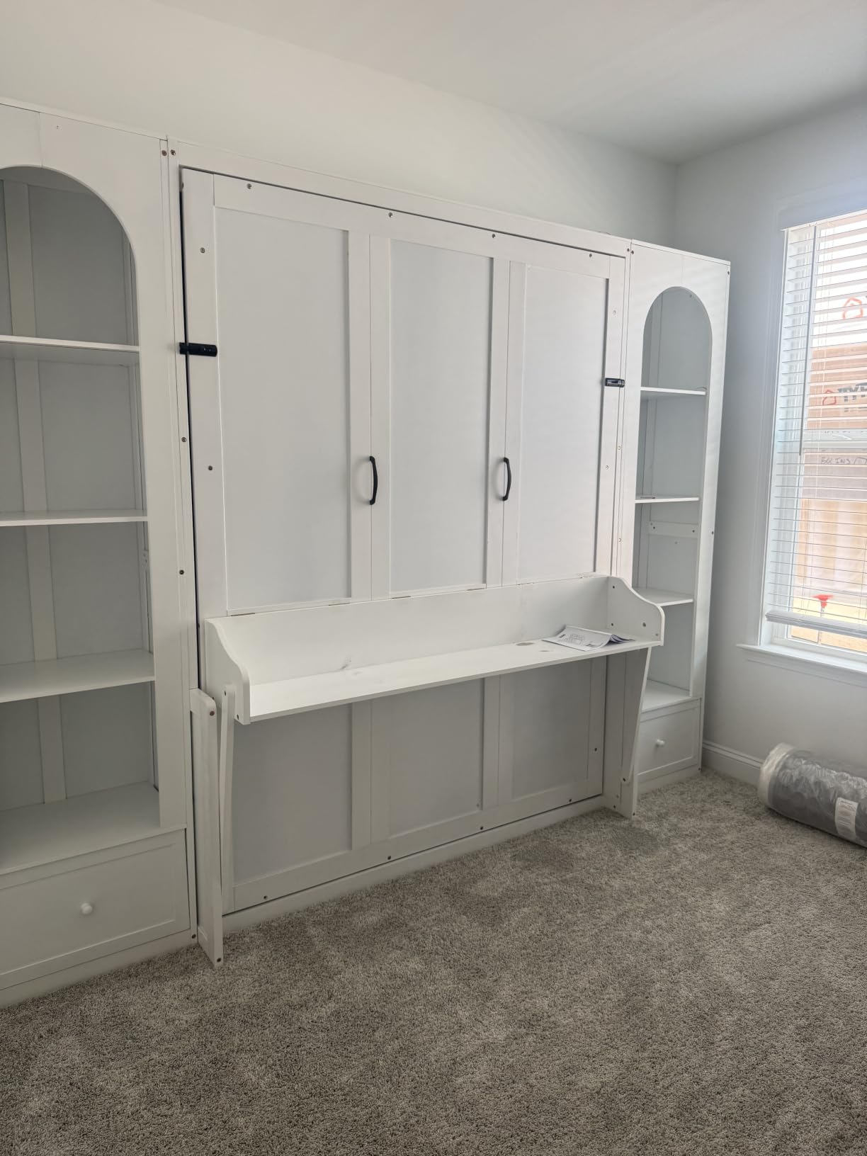 PVWIIK Queen Size Murphy Bed with Storage Shelf & Desk, White | Murphy Bed Save Space & Small Space, Bedroom, Guest Room, Wall Bed Frame Folding into Cabinet Design, LED & Storage Shelf customer photo 2