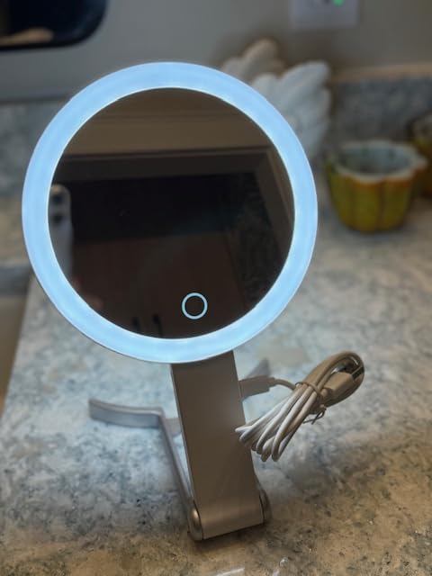 MIYADIVA Travel Makeup Mirror with Lights, Height Adjustable 30X/1X Double-Sided Magnifying Mirror, Portable Vanity Mirror with Digital Display & Phone Holder, Handheld Tabletop Hanging, Rose Gold customer photo 1