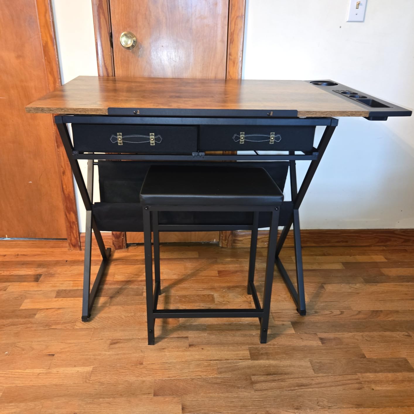 VECELO Drafting Table Art Desk Art Table Adjustable Drawing Table Tilted Tabletop with 2 Storage Drawers and Stool, Drawing Desk for Artist Painters Drawing, Crafting, Reading, Writing, Black customer photo 2