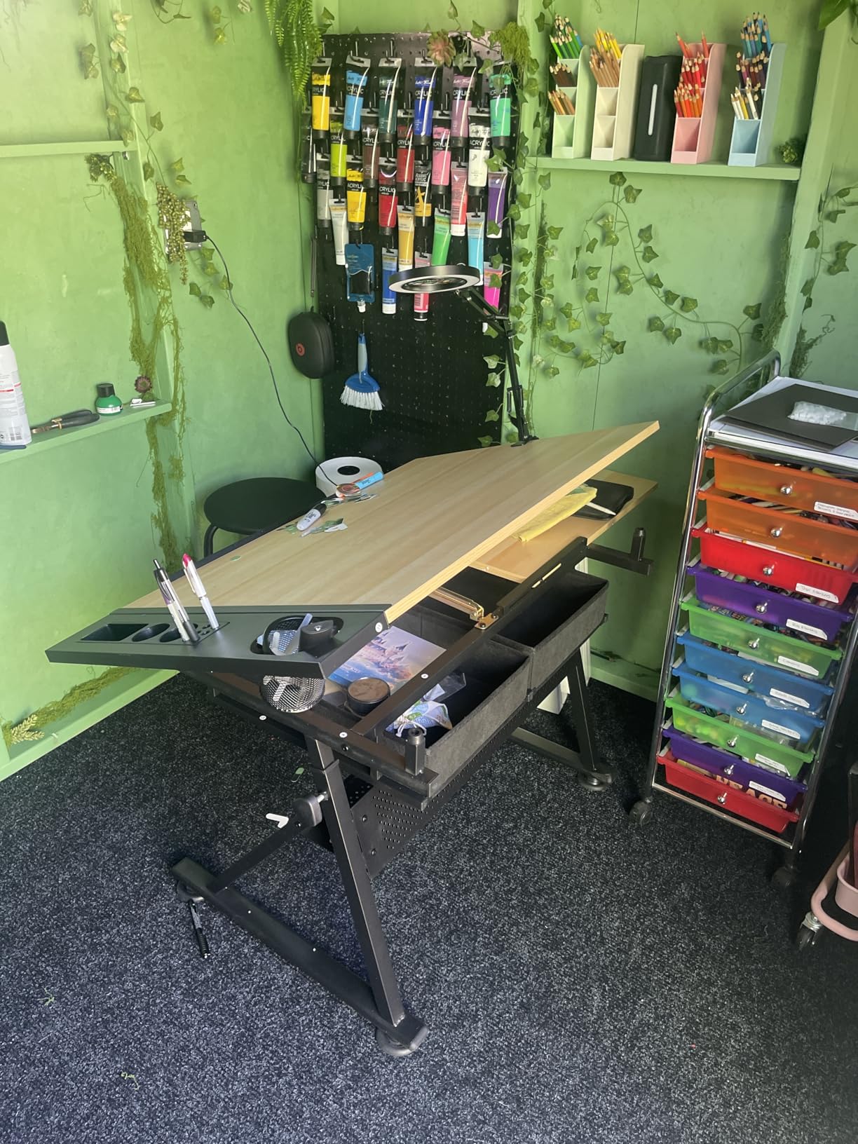 Garvee Height Adjustable Drafting Table, 0-75 Degree Tilting Tabletop - Drawing Table Artist Desk with 2 Storage Drawers & Stool for Adults, Home Office Watercolor Paintings Sketching Workstation customer photo 2