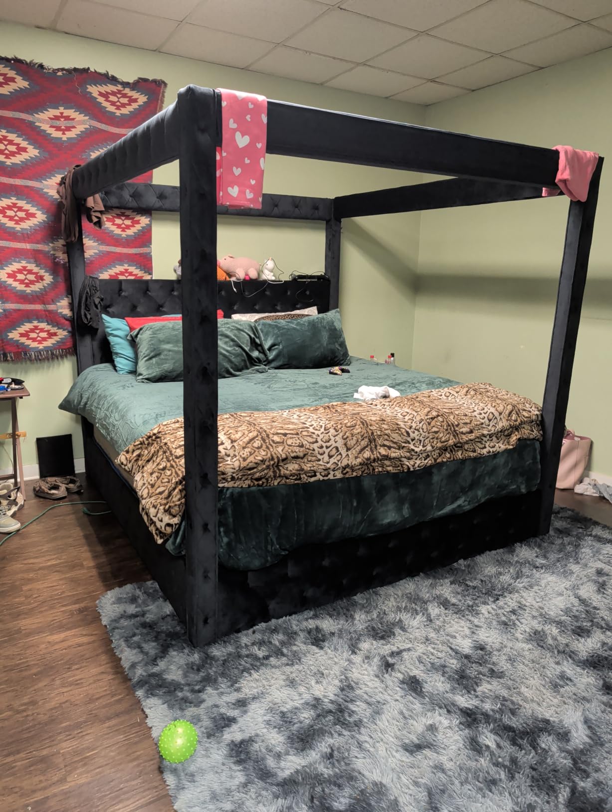 Jocisland Queen Canopy Bed Frame Velvet Upholstered Headboard, Black | 74.8