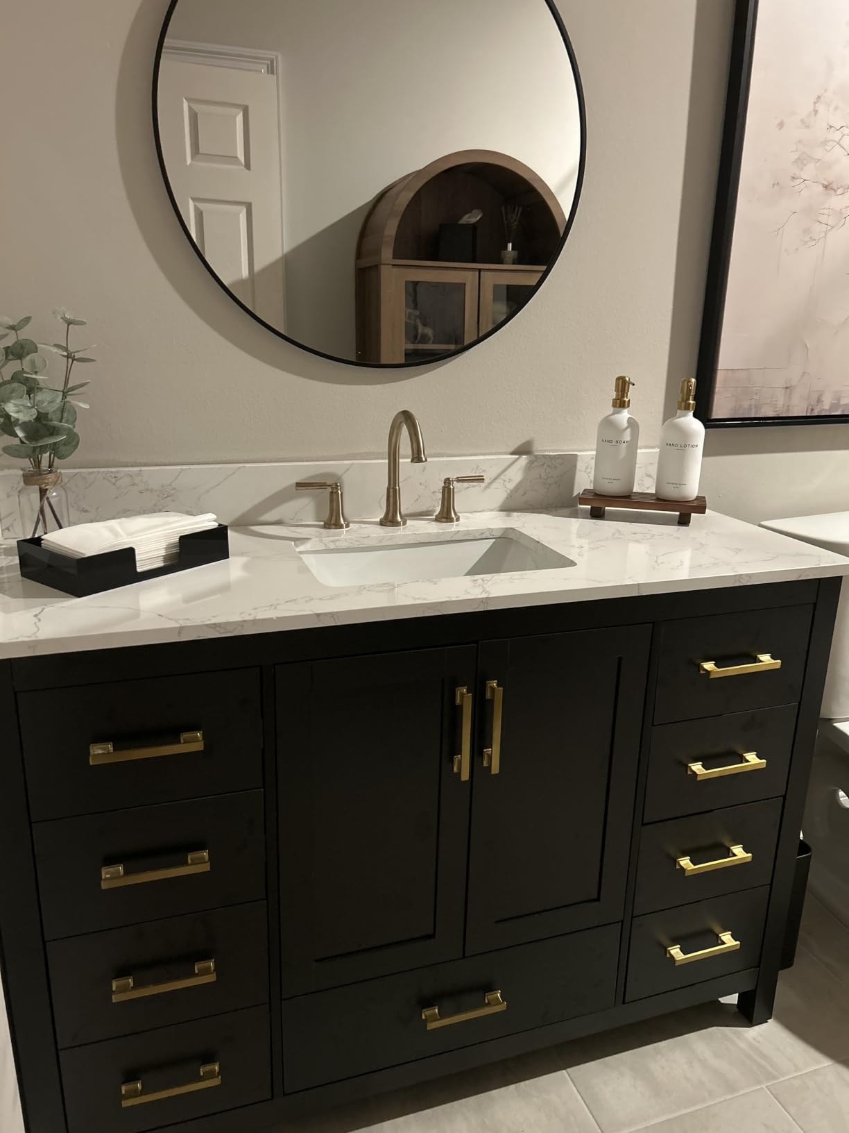 48 Inch Bathroom Vanity with Sink, Freestanding Single Sink Bathroom Vanities with Soft Close Doors & Drawers, Carrara Stone Top & Backsplash, No Assembly Required, Black customer photo 1