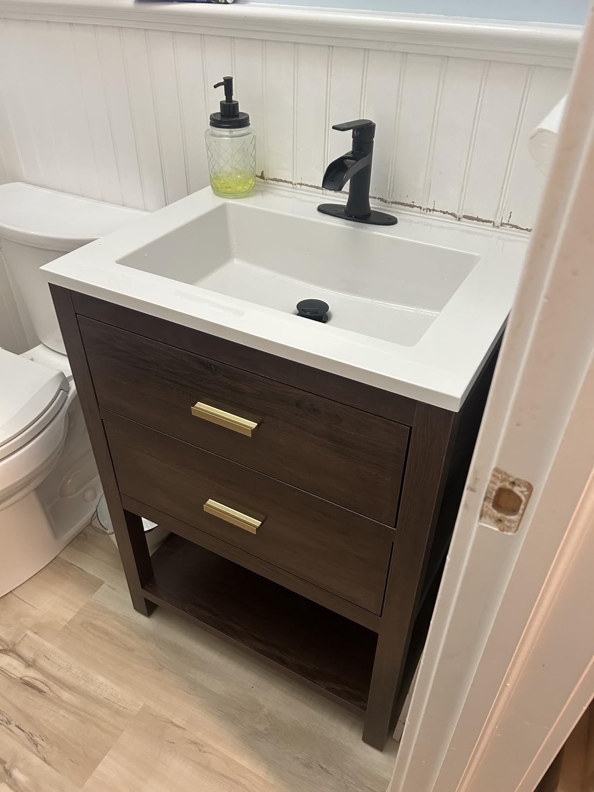 30 Inch Bathroom Vanity with Sink, Rustic Brown | Farmhouse Vanity Cabinet with durable SMC Resin Countertop, three soft-close full-extension drawers, and easy assembly customer photo 1