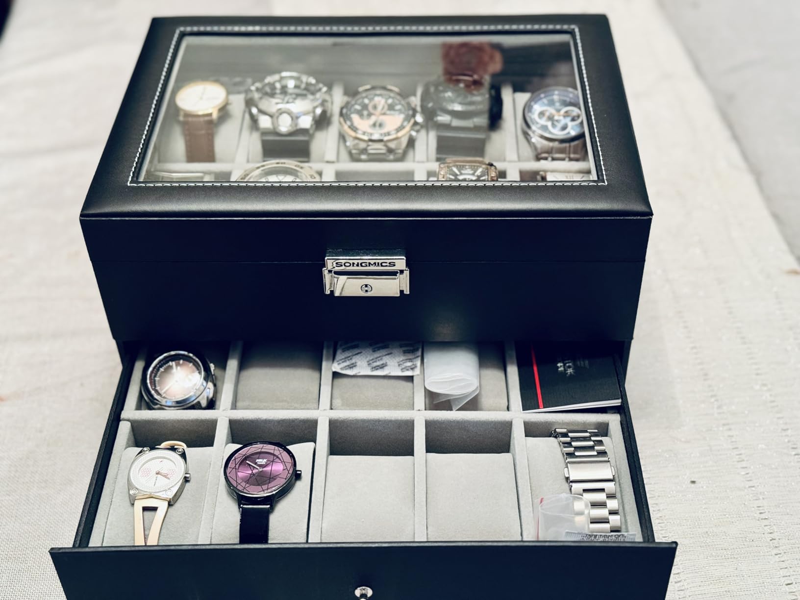 SONGMICS 20-Slot Watch Box, 2 Layers, Glass Lid, Lockable | Watch Case, Display Case, Tan, BRIDIE Collection UJWB020KZ02S customer photo 1
