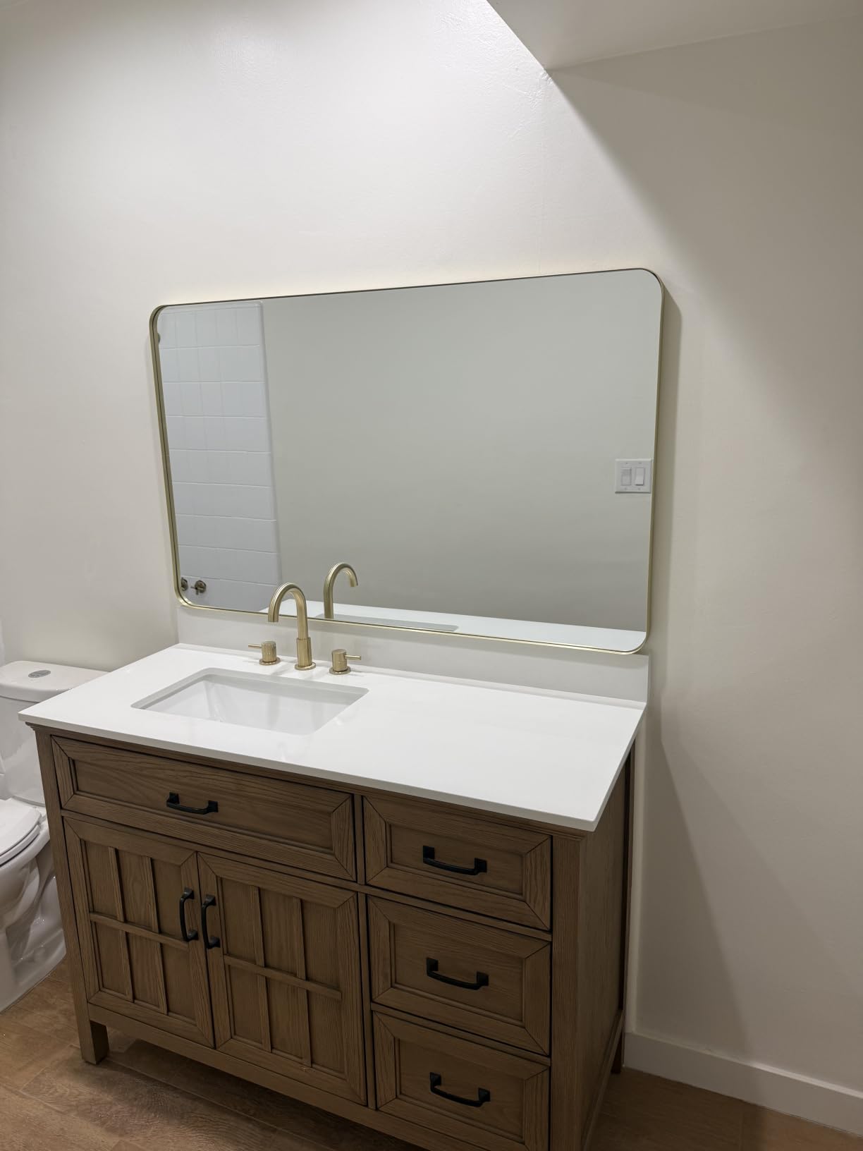 Sweetcrispy Bathroom Wall Mirror, 32x24 Inch Mirror for Over Sink, Gold | Modern Wall Mount Vanity Mirror, Rounded Rectangle with Matte Brush Metal Framed, for Home Decor, Living Room, Bedroom customer photo 1