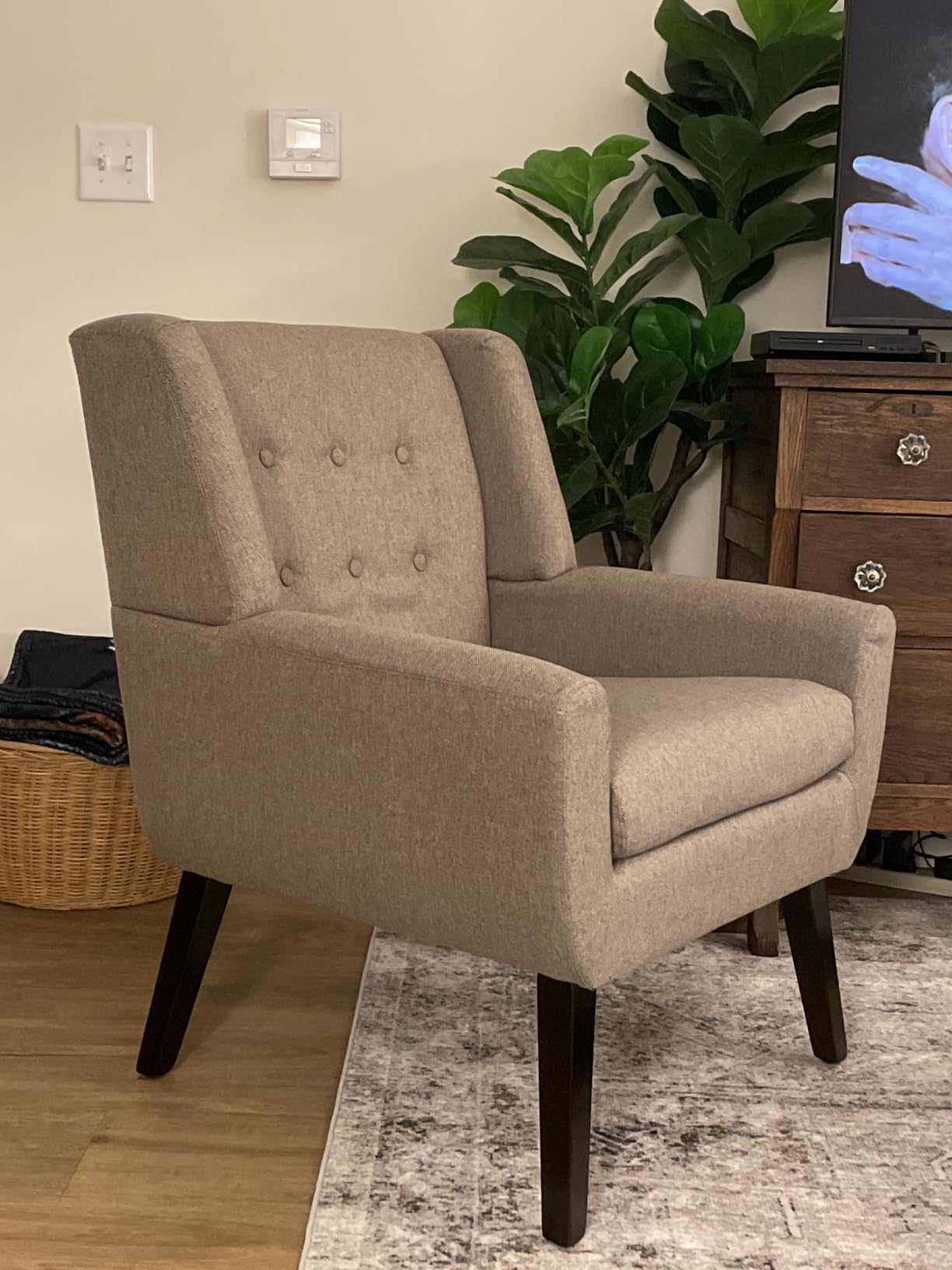 HUIMO Accent Chair for Living Room, Upholstered Button Linen Armchair | Mid Century Modern Tufted Armchair with Fabric, Comfy Arm Chairs for Club Living Room Reading Bedroom, Waiting Room Khaki customer photo 1