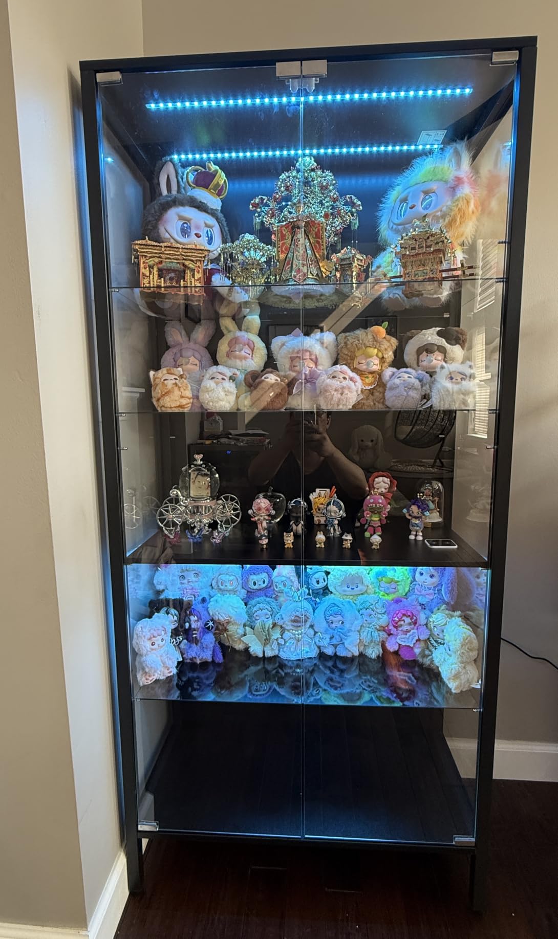 Glass Display Cabinet, 5-Tier Display Case with Adjustable Glass Shelves, Metal Curio Cabinet with 3 Color Lights for Collectibles, Bookcase with Human Body Sensor, Black customer photo 2