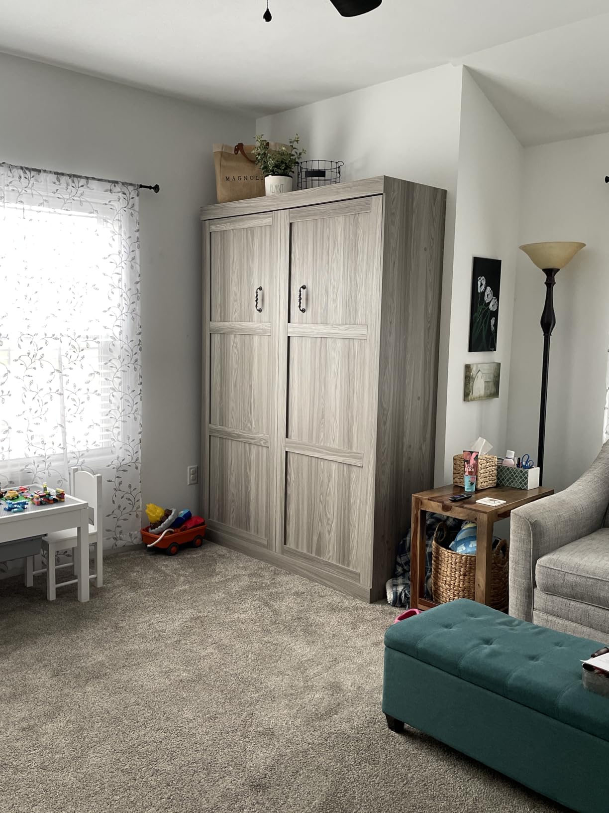 RuiSiSi Queen Size Murphy Bed Foldable Wall Bed Frame with Desk, White | Farmhouse Murphy Bed Cabinet Desk Combo, Space-Saving Hideaway Wall Bed with Gas Struts for Guest Room Home Office customer photo 1