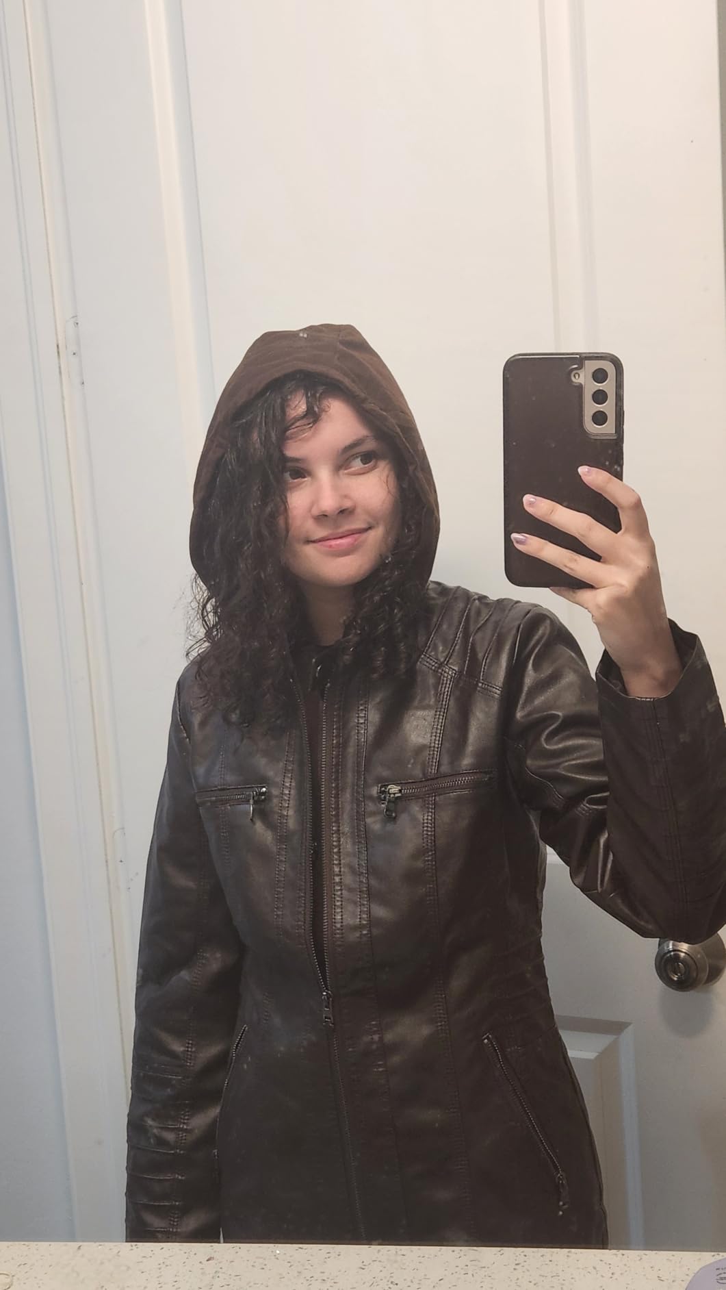 Tanming Faux Leather Jacket Women Hooded Moto Biker Coat customer photo 2