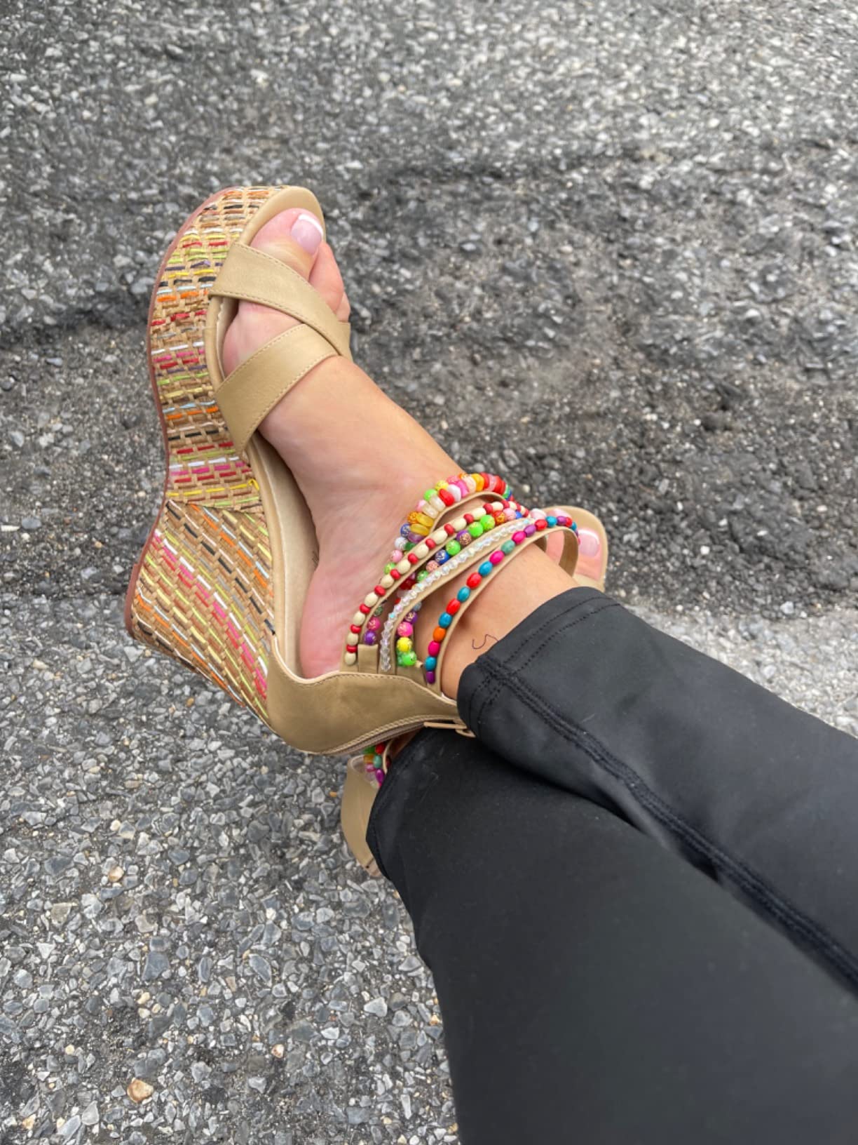 getmorebeauty Women's Wedge Sandals With Pearls Across The Top Platform Sandals High Heels customer photo 1