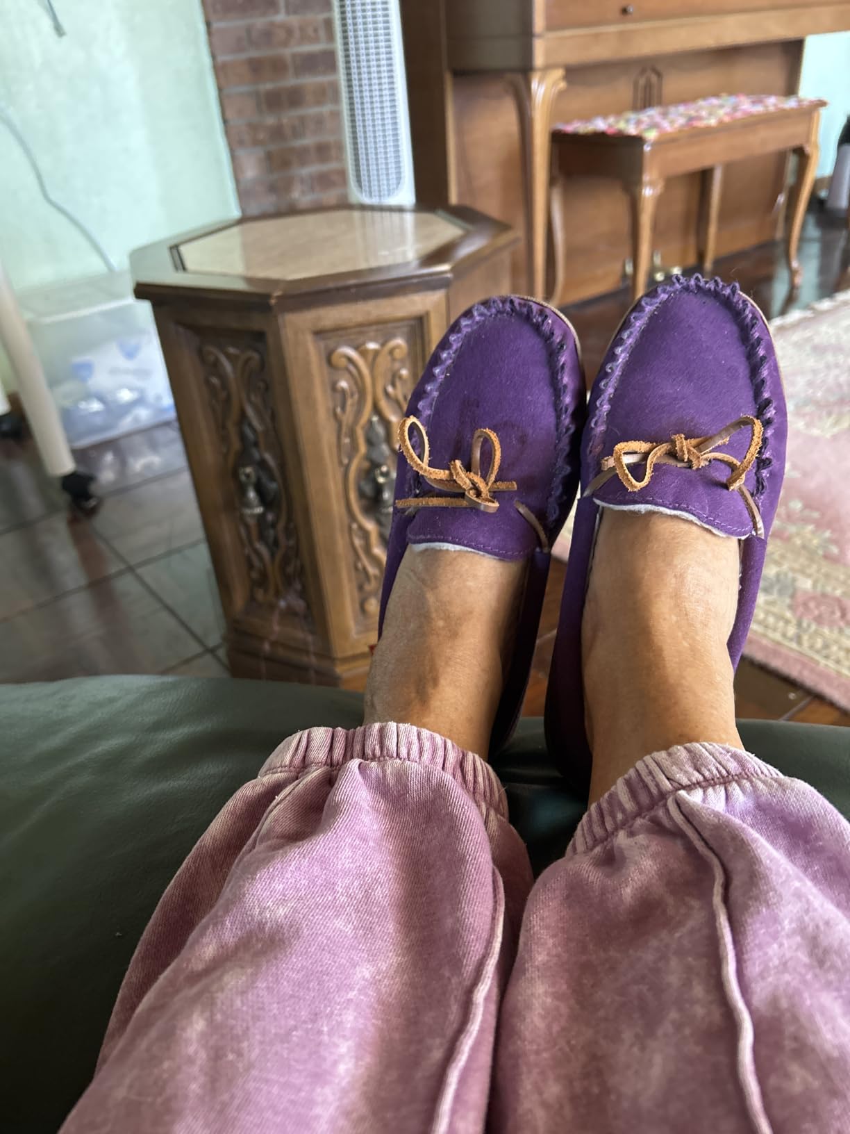 Alpine Swiss Sabine Womens Moccasin Slippers Genuine Suede House Shoe Memory Foam Insole Plush Faux Shearling Fur Indoor Outdoor Anti-Slip Rubber Sole customer photo 1