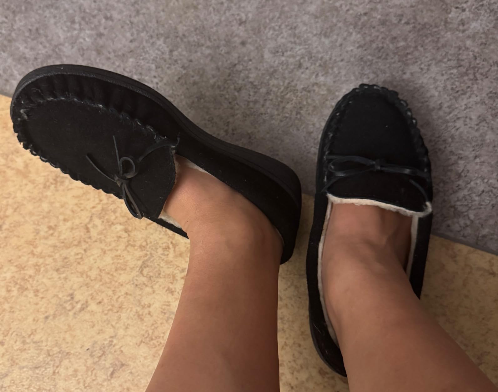 Alpine Swiss Sabine Womens Moccasin Slippers Genuine Suede House Shoe Memory Foam Insole Plush Faux Shearling Fur Indoor Outdoor Anti-Slip Rubber Sole customer photo 2