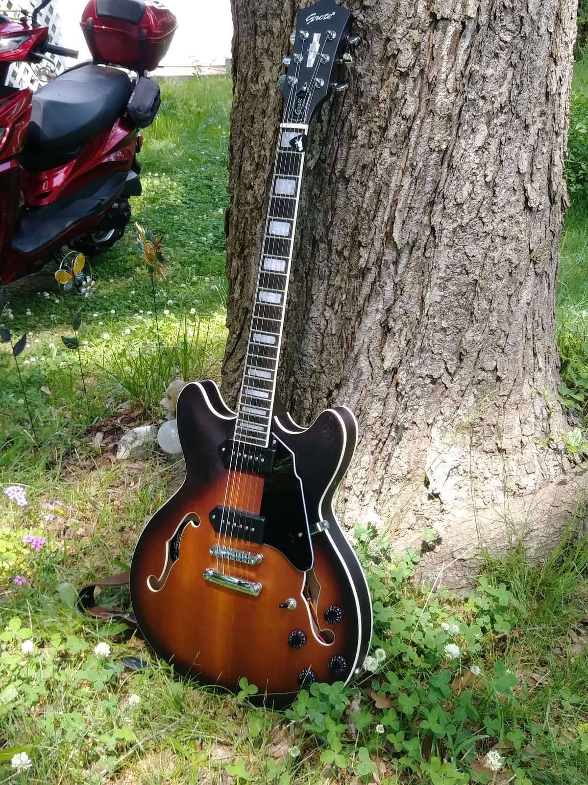 Grote 335 Style Jazz Electric Guitar Flame Maple top Semi-Hollow Body Matte Finished P90 Pickups (RED) customer photo 1