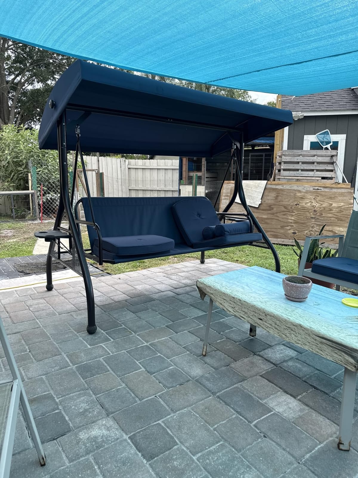 HOMREST 3 Seat Porch Swing with Adjustable Canopy, Patio Swing with Stand customer photo 1