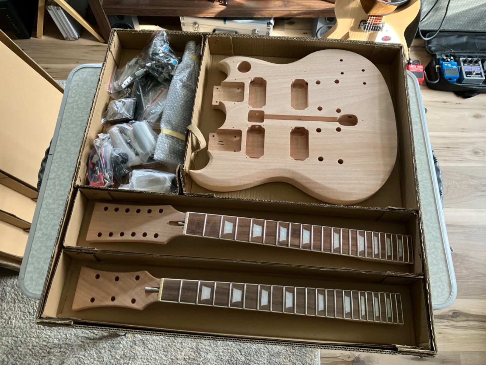 Double Neck DIY Electric Guitar Kit 6 & 12 String Mahogany Body | Mahogany Neck, Rosewood Fretboard, Right Handed Beginner Kit, Chrome Hardware, Build Your Own Guitar customer photo 2