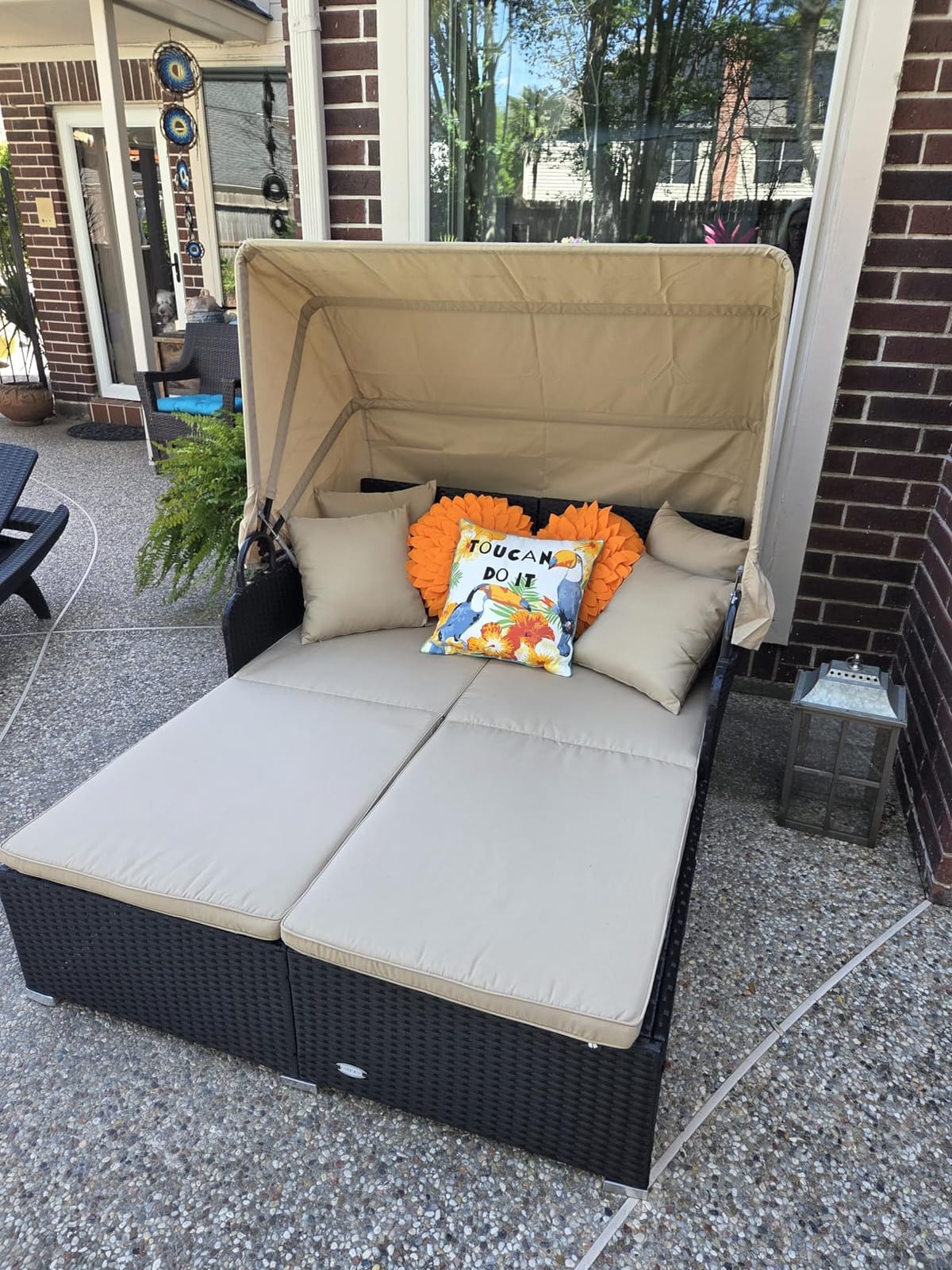 Tangkula Patio Rattan Daybed with Retractable Canopy, Patiojoy Wicker Sun Lounger with 2 Foldable Side Panels, Thick Seat & Back Cushions, for Garden, Backyard, Porch (Turquoise) customer photo 1