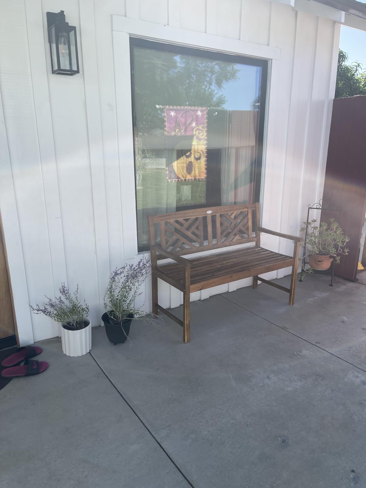 Giantex Outdoor Wooden Garden Bench - 2-Person Acacia Wood Loveseat with Armrests, Backrest, 800lbs Capacity, Patio Park Bench for Backyard, Front Porch Bench (Non-Foldable) customer photo 2
