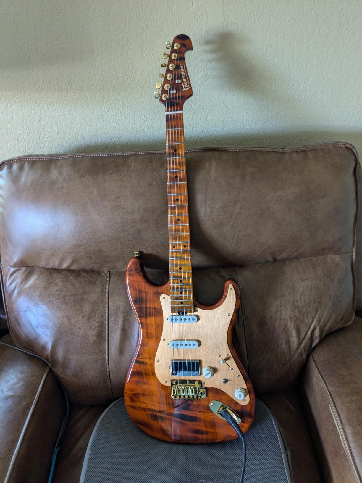 Bullfighter Electric Guitar with Tiger Stripe Flamed Maple Top & Gold Pickguard, Solid Body D190 customer photo 2