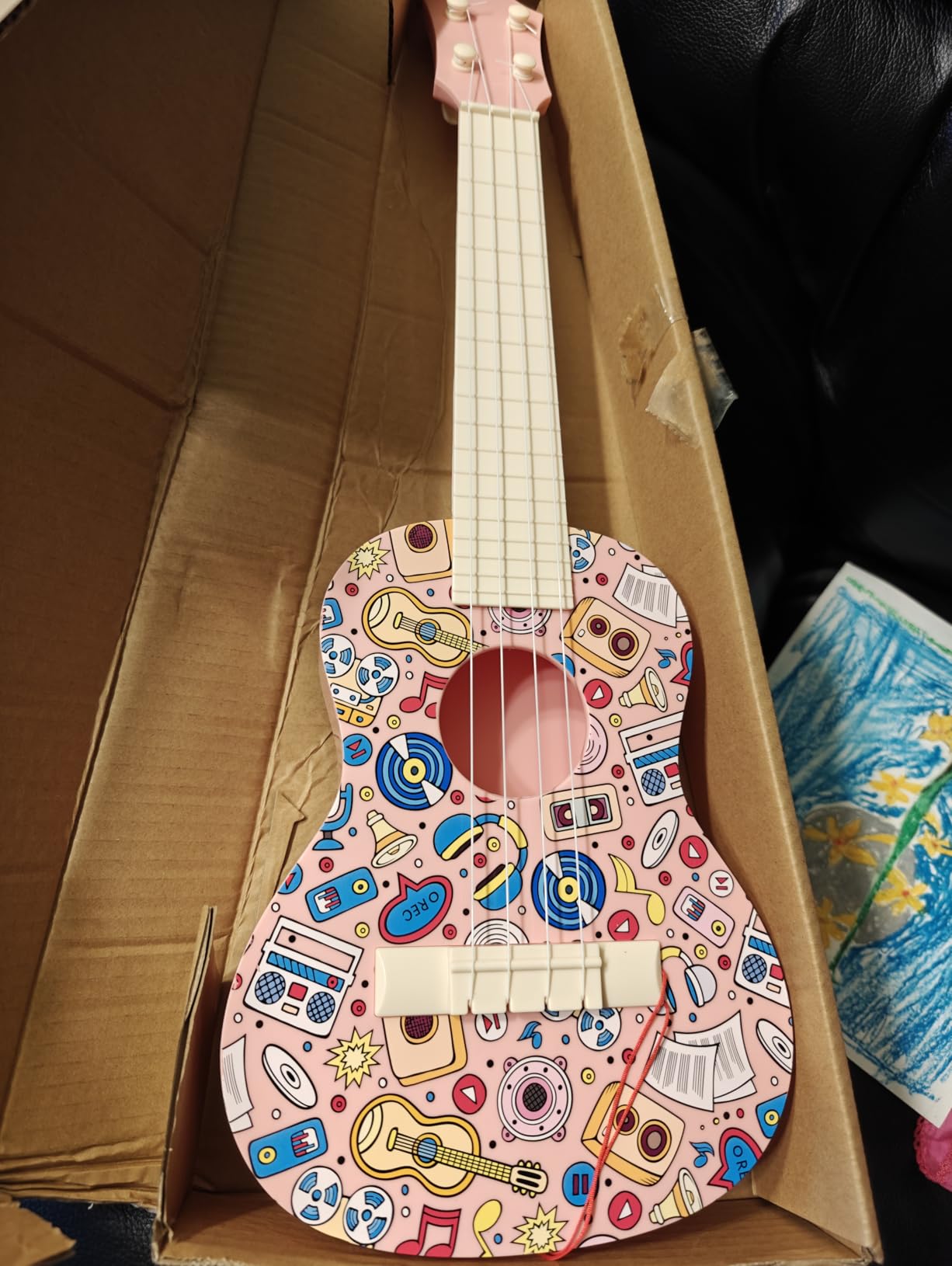 LeeQee 21in Ukulele Guitar for Kids, Graffiti Toy Guitar with Picks, Pink | 4 Sturdy Nylon Strings, Lightweight Beginner Musical Instrument for Toddlers Boys and Girls Ages 3-12, Colorful Design customer photo 2