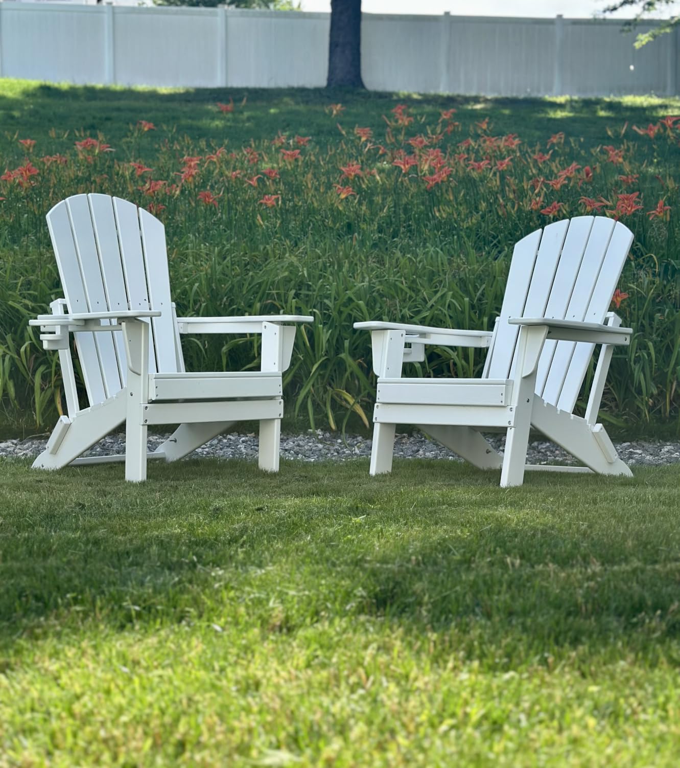 Plawdlik Folding Adirondack Chair Set of 4, Cup Holder,Wooden Textured ,Heavy All-Weather HDPE Comfortable Set Poolside Backyard Lawn Black customer photo 2