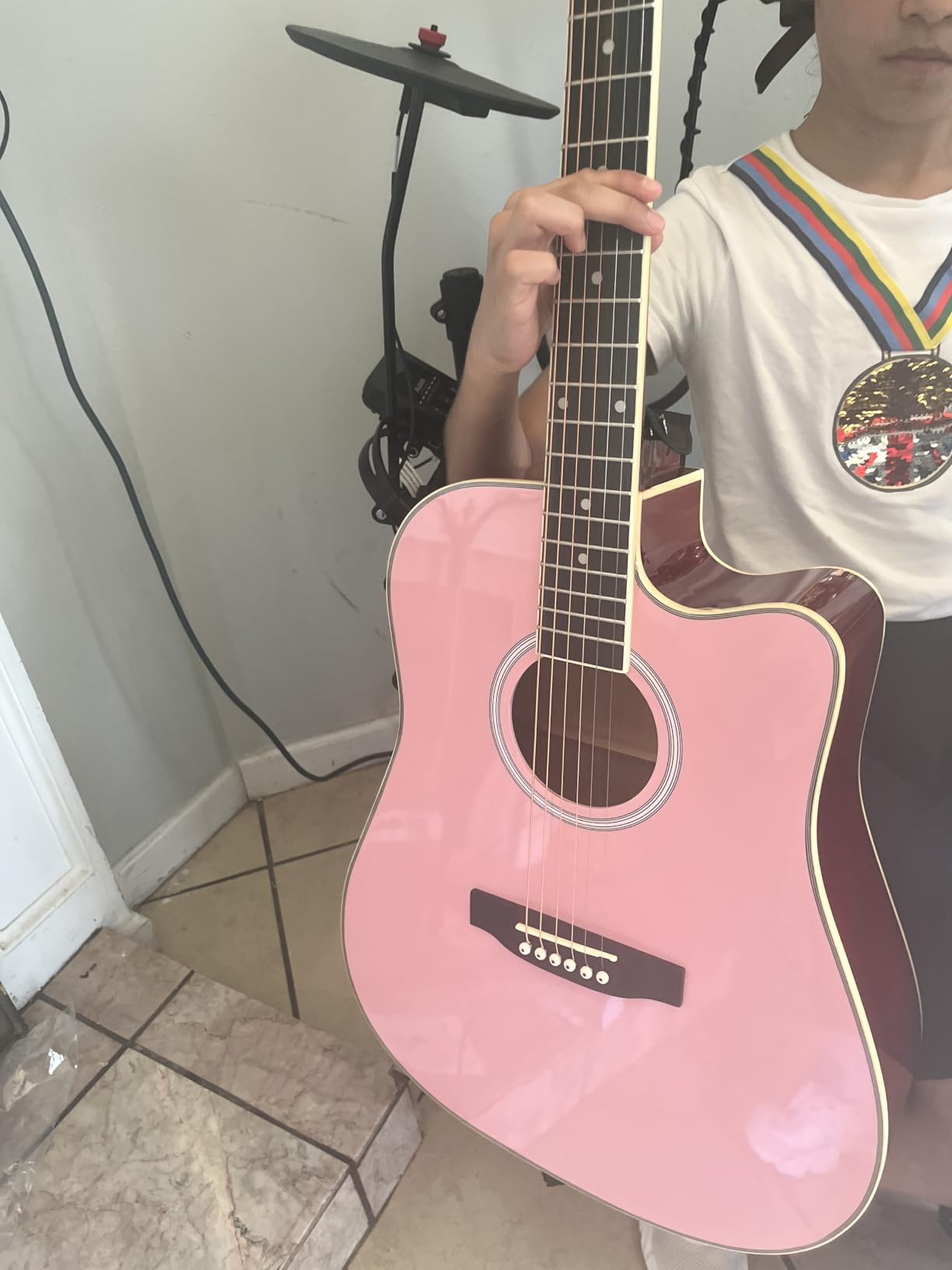 Best Choice Products Beginner Acoustic Electric Guitar Starter Set w/ 41in, All Wood Cutaway Design, Gig Bag, Strap, Picks - Pink customer photo 1