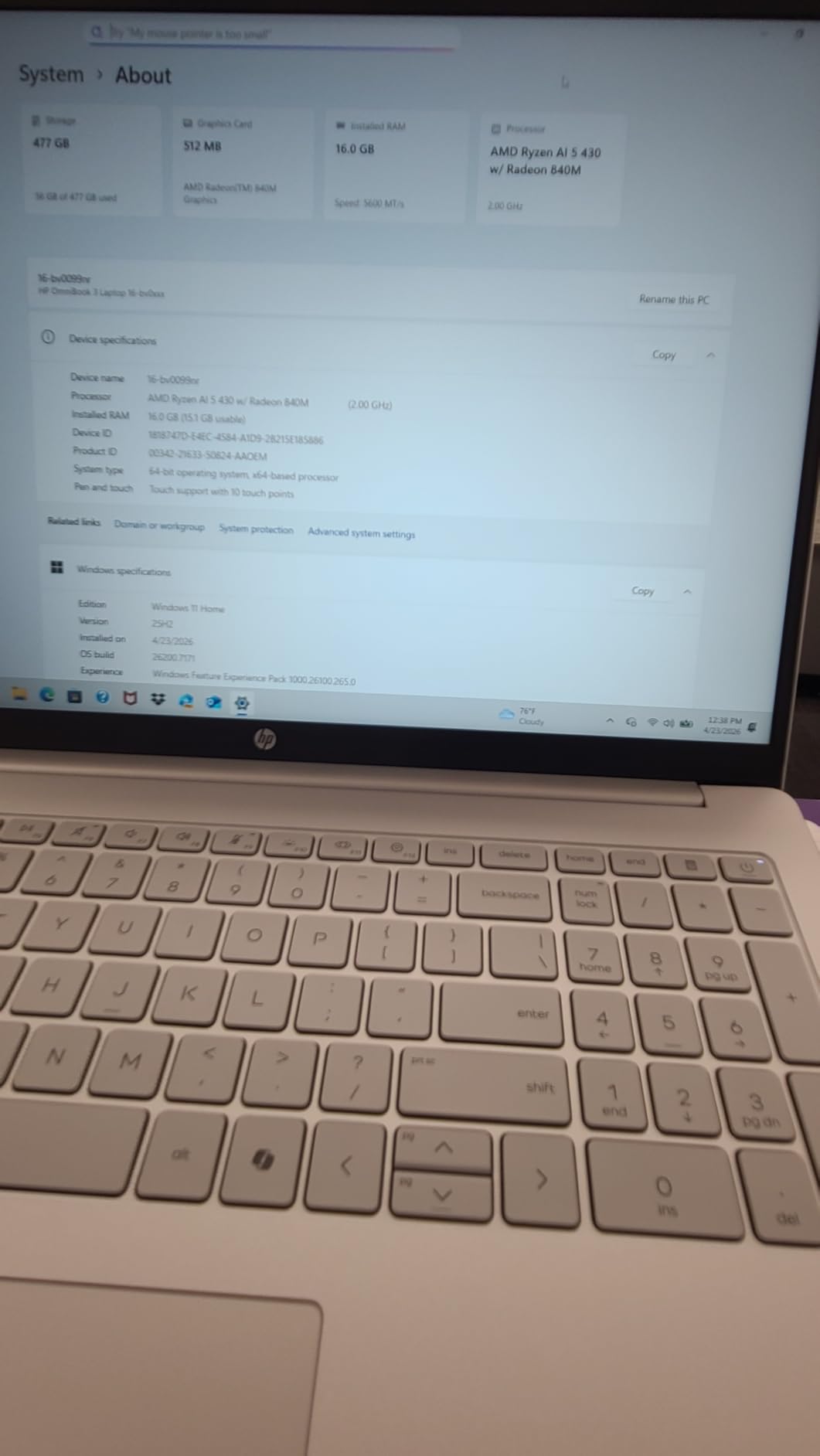 HP OmniBook 3 16 inch Next Gen AI PC, 2K Touchscreen, AMD Ryzen AI 5 430, 16 GB RAM, 512 GB SSD customer photo 1