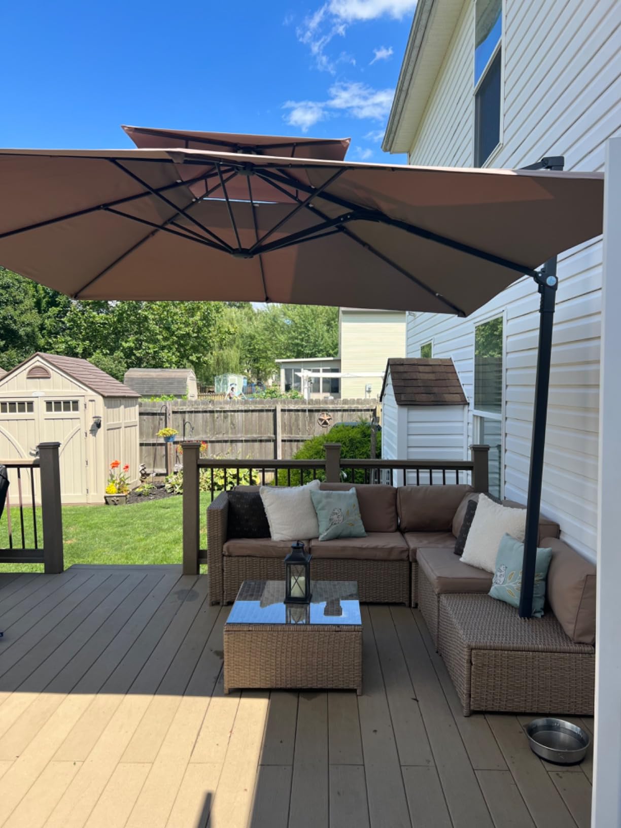 Tangkula 10 FT Patio Cantilever Umbrella, Large Square Offset Hanging Umbrella w/ 360° Rotation, 8 Sturdy Ribs, Air Vent & Cross Base, Heavy-Duty Outdoor Sun Shade for Backyard Pool Garden Deck, Beige customer photo 1