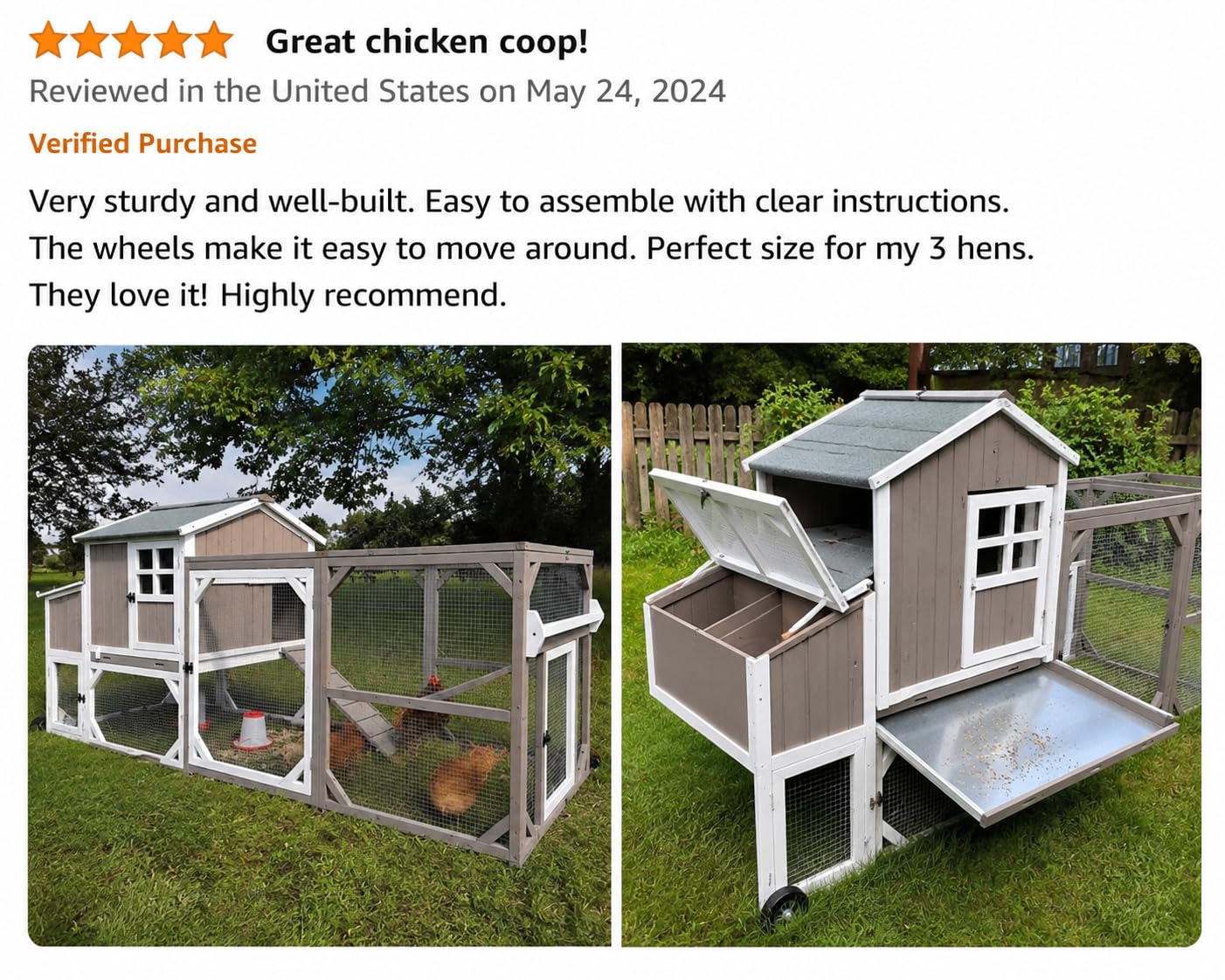 Large Chicken Coop with Wheels, Outdoor Hen House Tractor for 3-6 Chickens customer photo 1