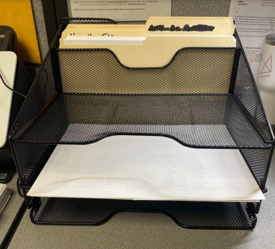 Samstar Desk File Organizer, Mesh Letter File Folder Holder with 3 Paper Trays and 2 Vertical Upright Section, for Office Supplies,Desk Accessories & Workspace,Black. customer photo 1