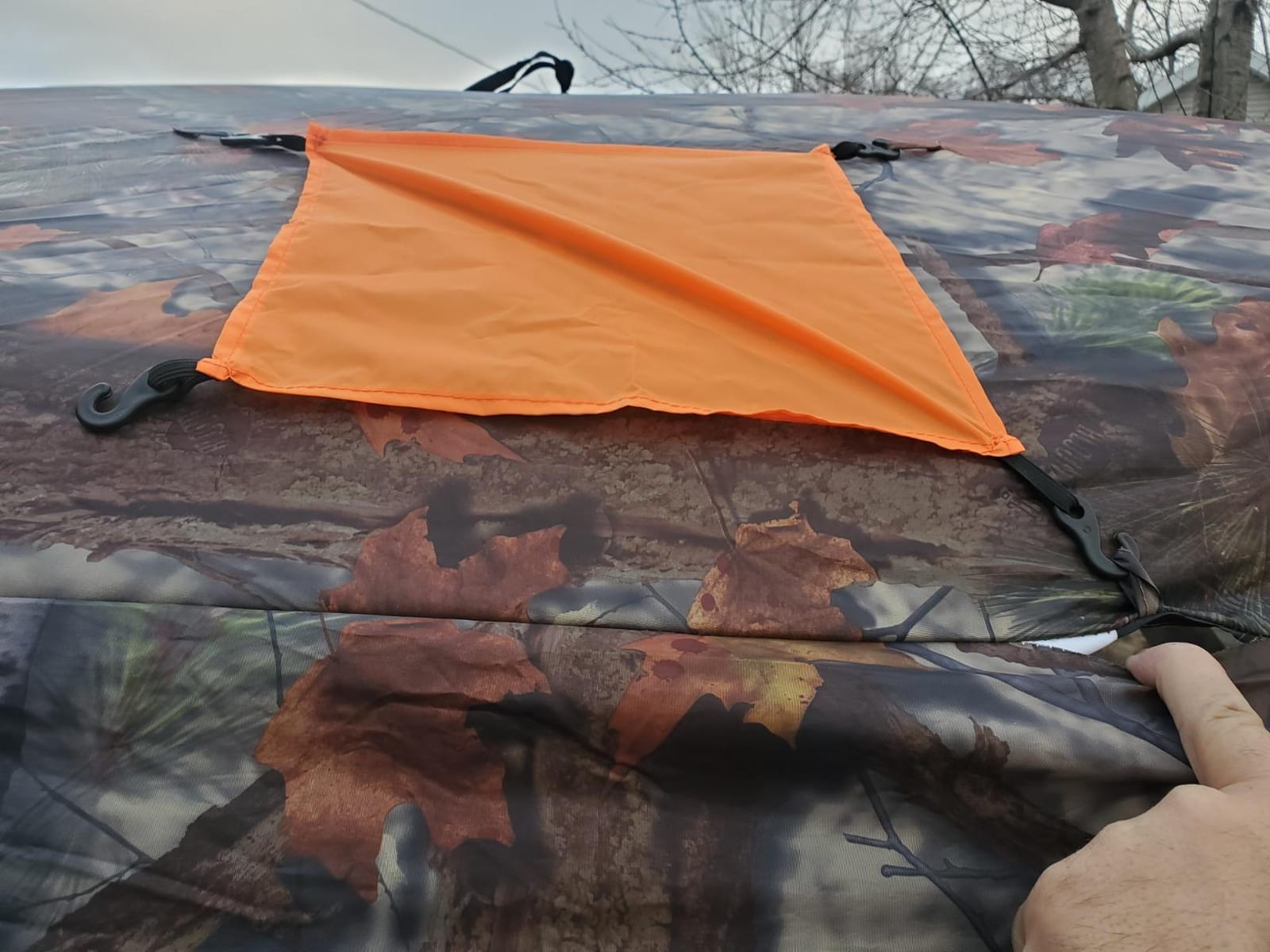 Tag Out Hub Hunting Blind, 3 Person Pop Up Ground Blind, Bloodtrail Woodland Camo and blaze orange safety panels, TA350BT, By Barronett Blinds, 90x90