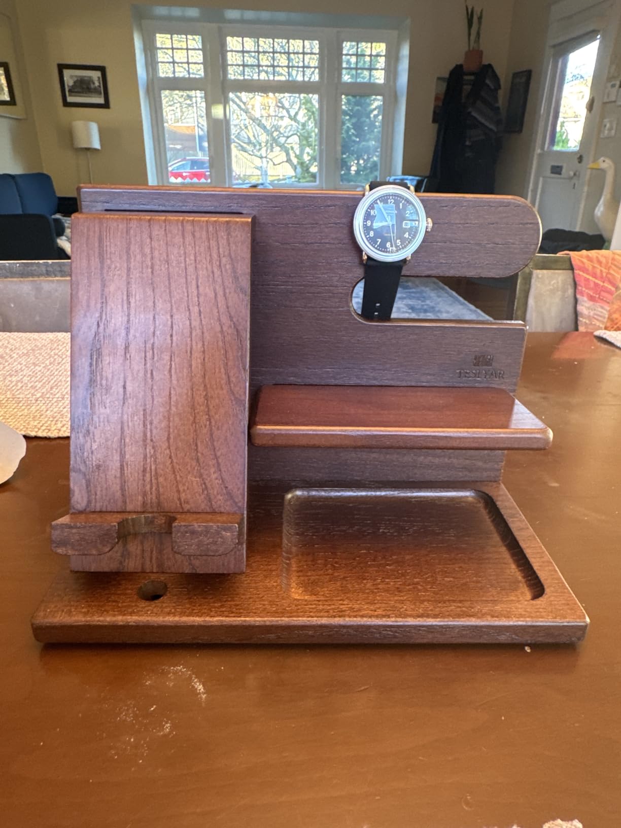 TESLYAR Wood Phone Docking Station for Men - Desktop or Nightstand Organizer - Birthday Gifts for Men, Dad - Anniversary Idea from Wife - Key Holder, Stand Wallet, Watch & Essentials (Bourbon Brown) customer photo 1